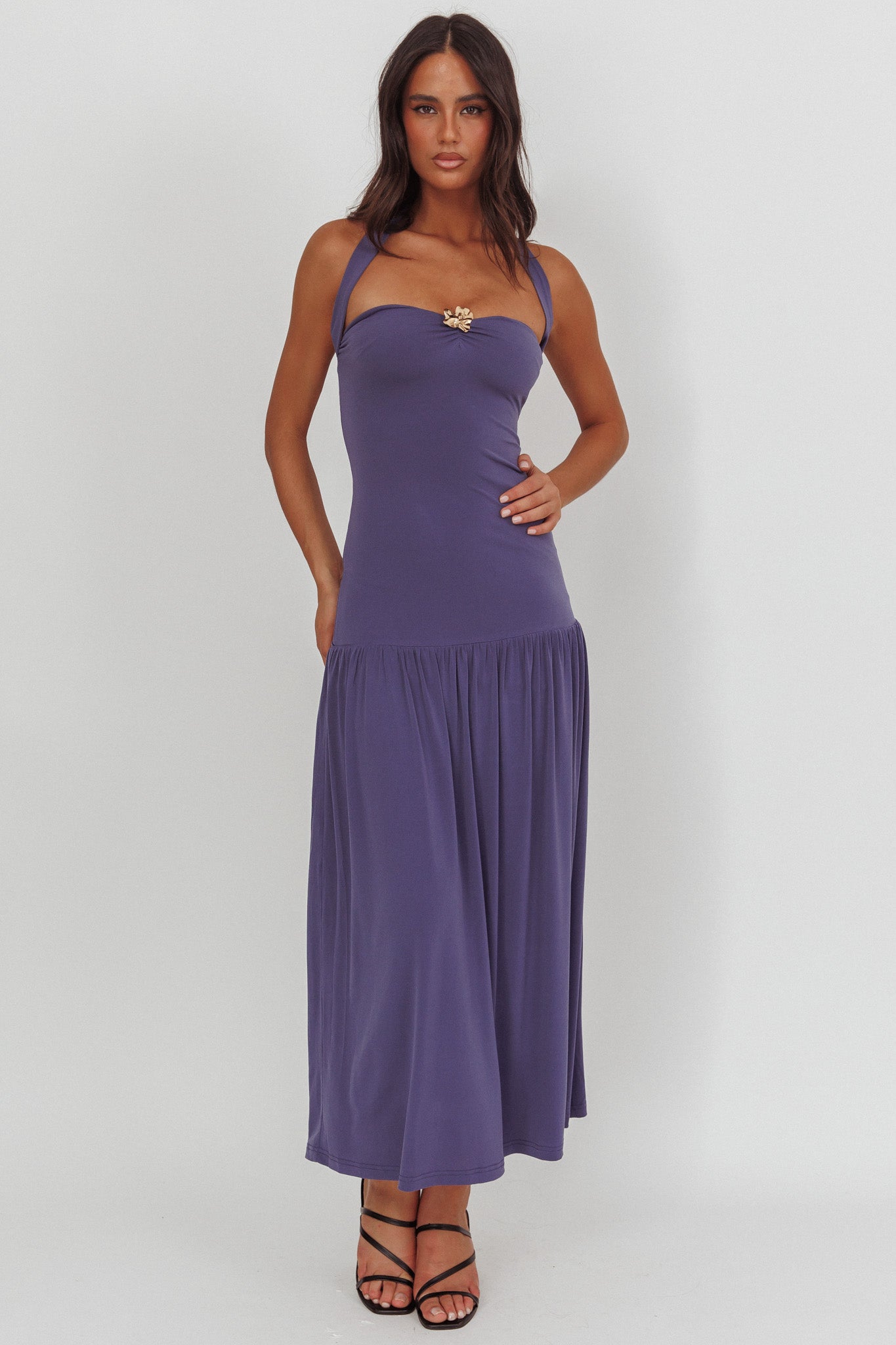 Ashana Drop Waist Halter Maxi Dress Taupe-Fable Dress