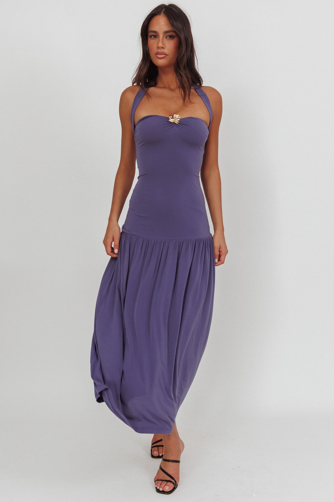 Ashana Drop Waist Halter Maxi Dress Taupe-Fable Dress