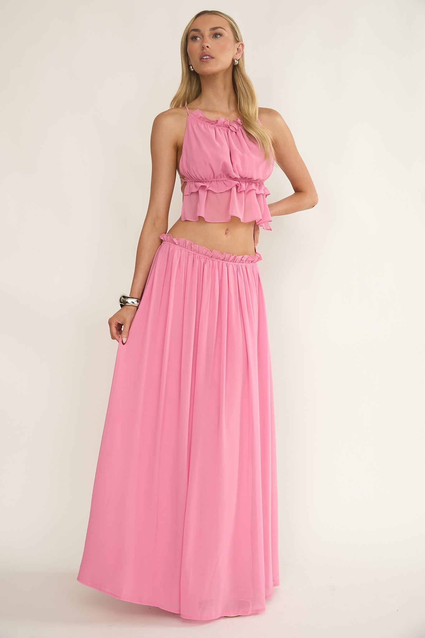 Marivelle Frill Trim Maxi Skirt Pink-Fable Dress