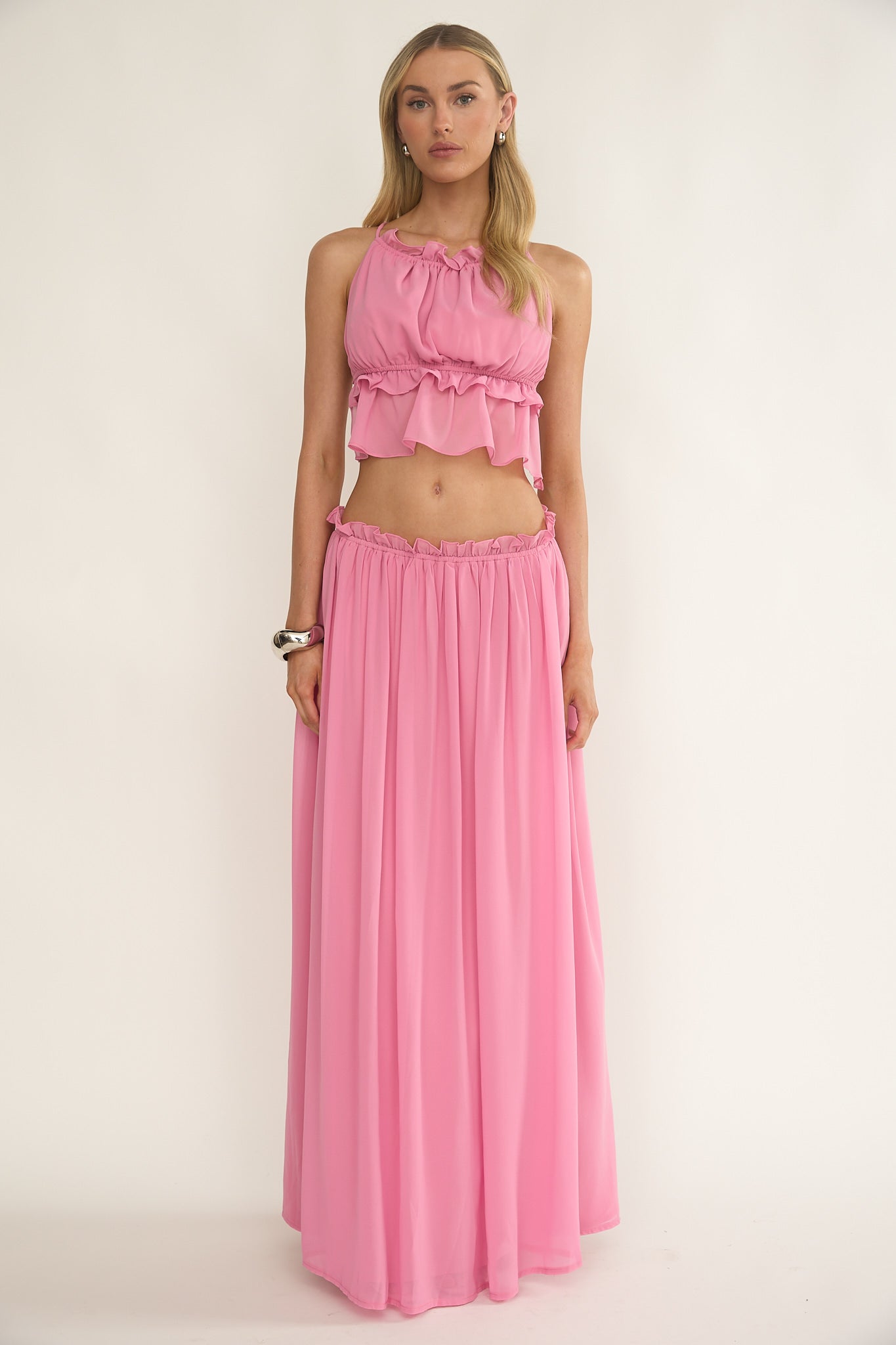 Marivelle Frill Trim Maxi Skirt Pink-Fable Dress
