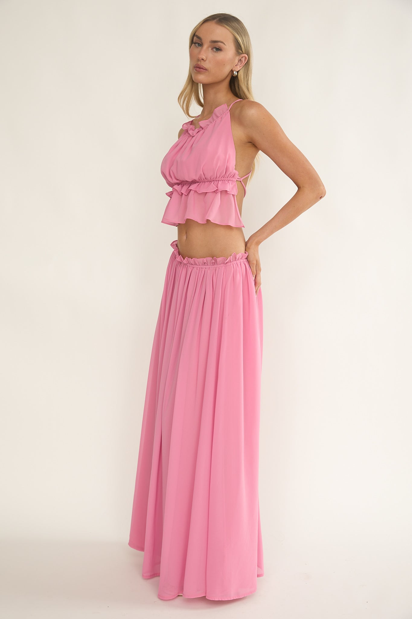 Marivelle Frill Trim Maxi Skirt Pink-Fable Dress