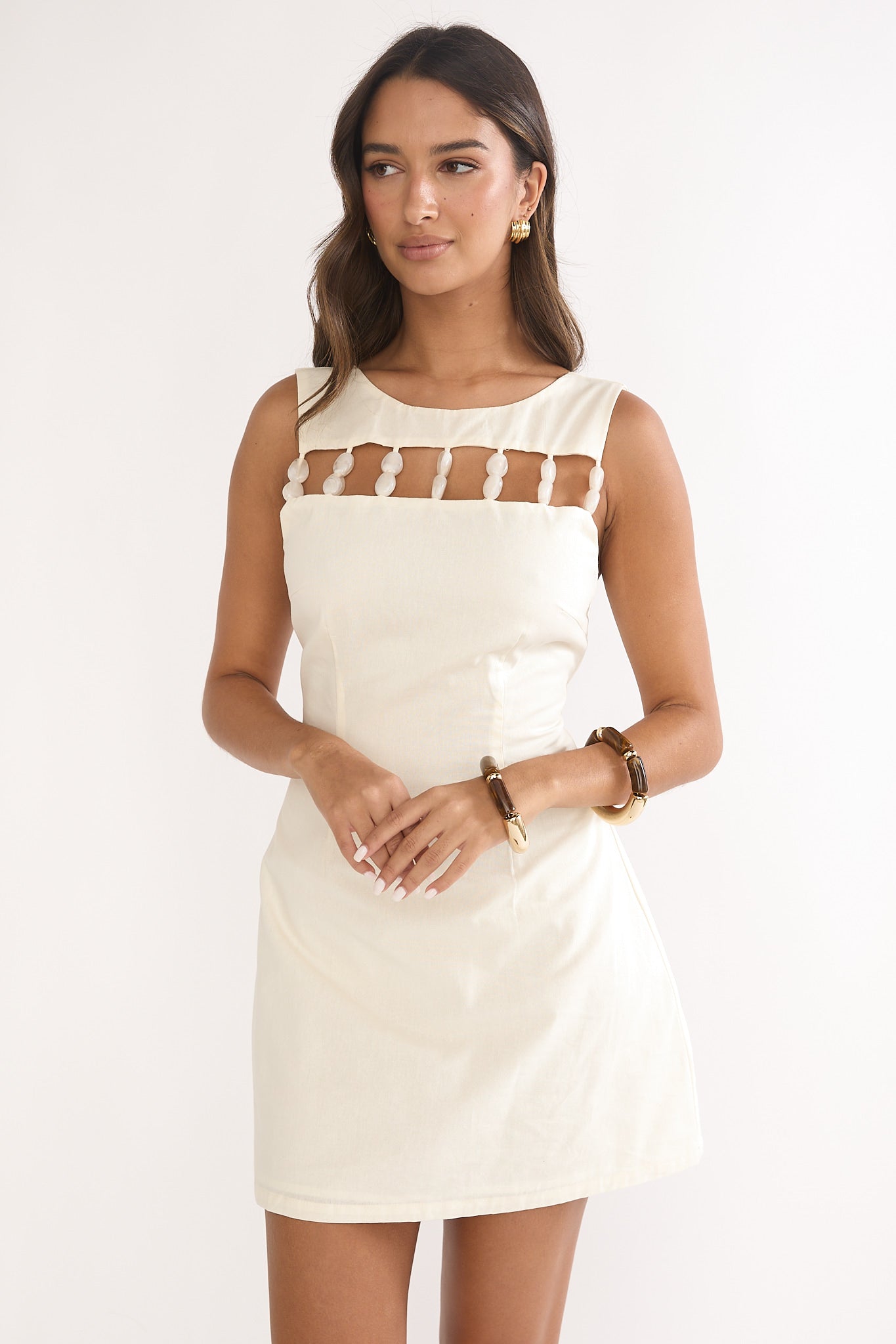 Your Knowing Cut-Out Bead Neckline Mini Dress Cream-Fable Dress