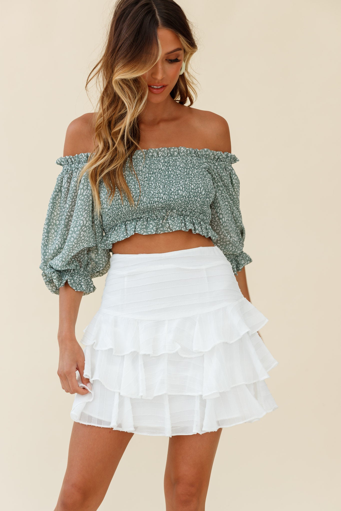Meet Cute Shirred Bust Off-Shoulder Crop Top Speckle Print Olive-Fable Dress
