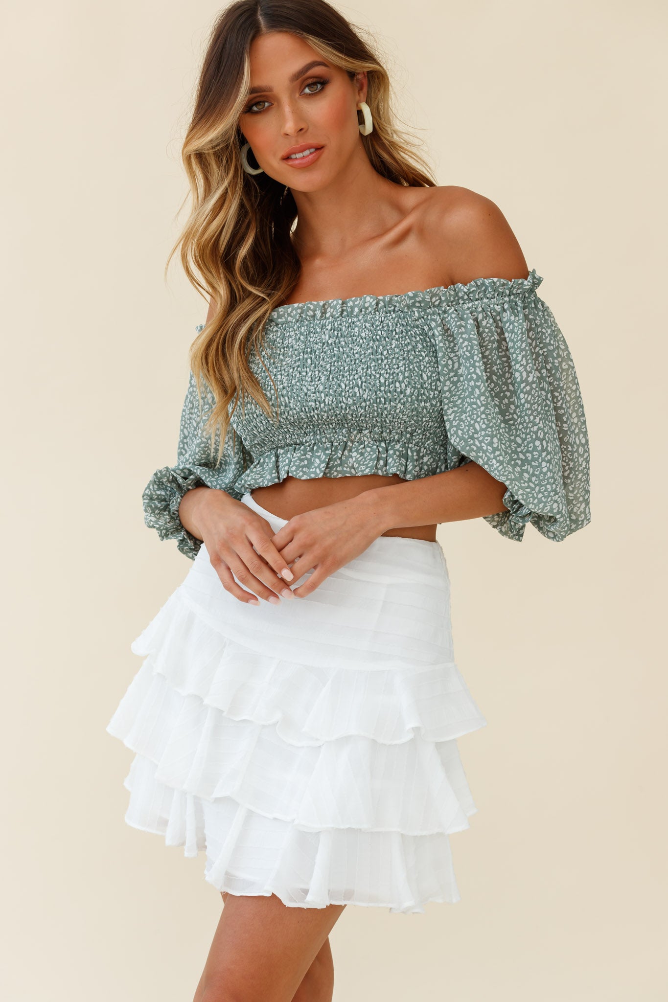 Meet Cute Shirred Bust Off-Shoulder Crop Top Speckle Print Olive-Fable Dress