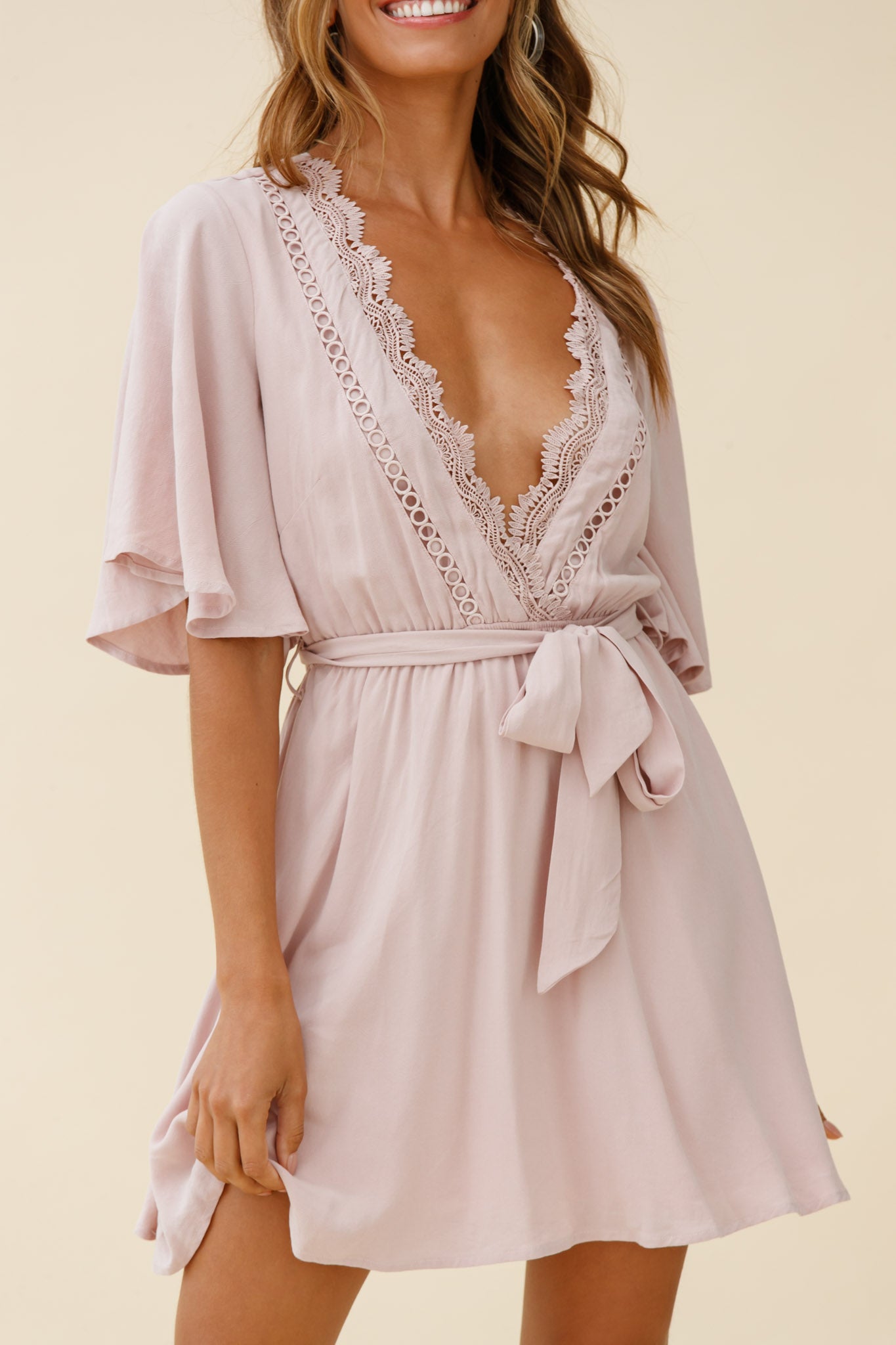 Angela Lace-Trimmed Bust Angel Sleeve Dress Mocha-Fable Dress