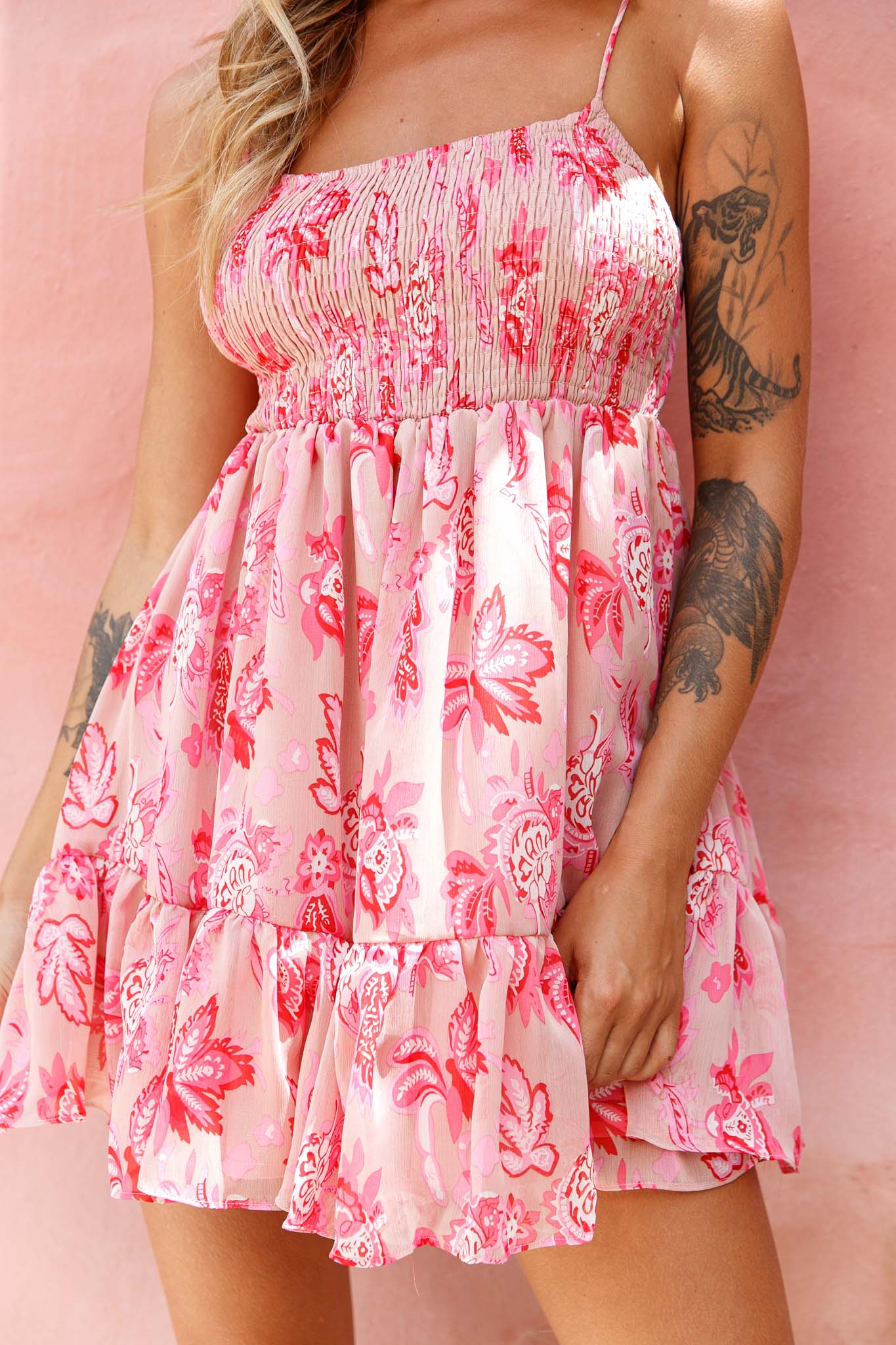 Marja Cami Strap Shirred Baby Doll Dress Floral Print Pink-Fable Dress