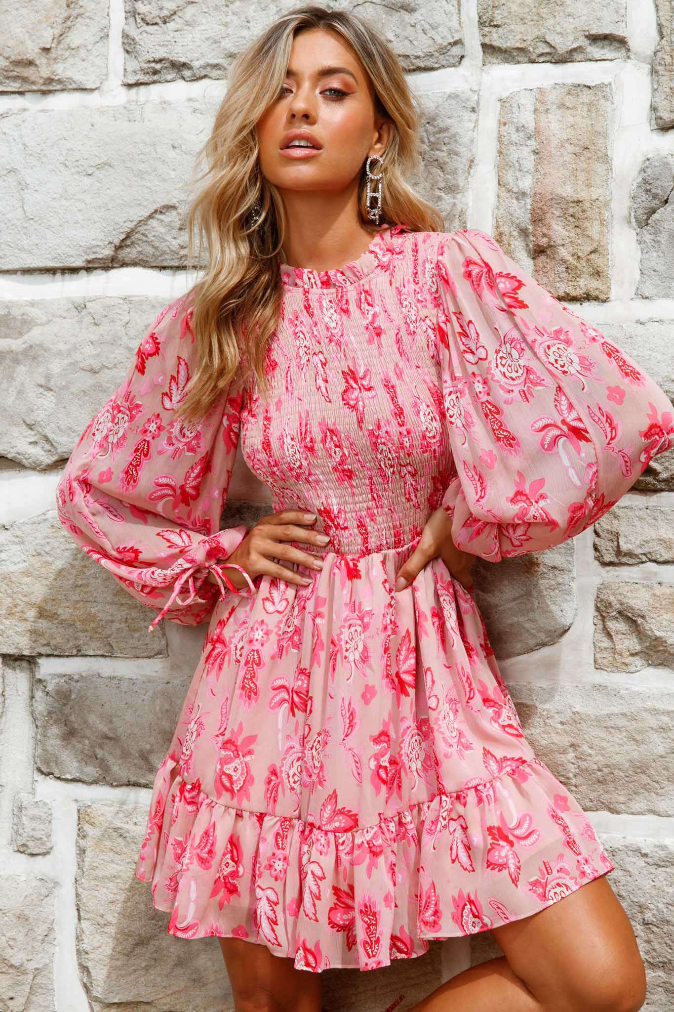 Marja Long Balloon Sleeve Shirred Dress Floral Print Pink-Fable Dress