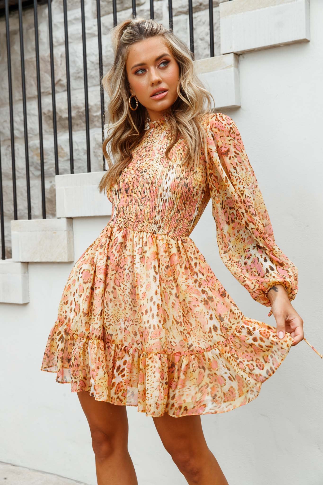 Marja Cami Strap Shirred Baby Doll Dress Leopard Print Pink-Fable Dress