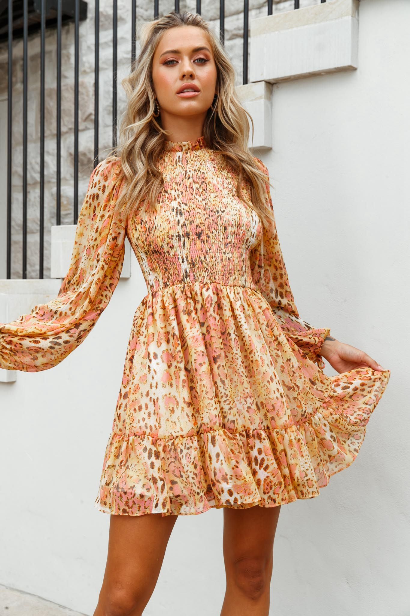 Marja Cami Strap Shirred Baby Doll Dress Leopard Print Pink-Fable Dress