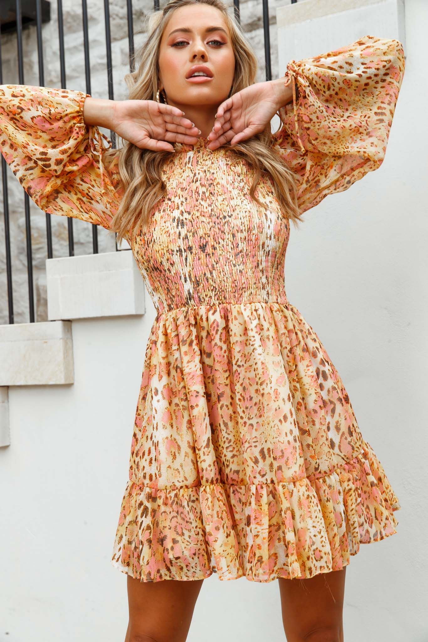 Marja Cami Strap Shirred Baby Doll Dress Leopard Print Pink-Fable Dress