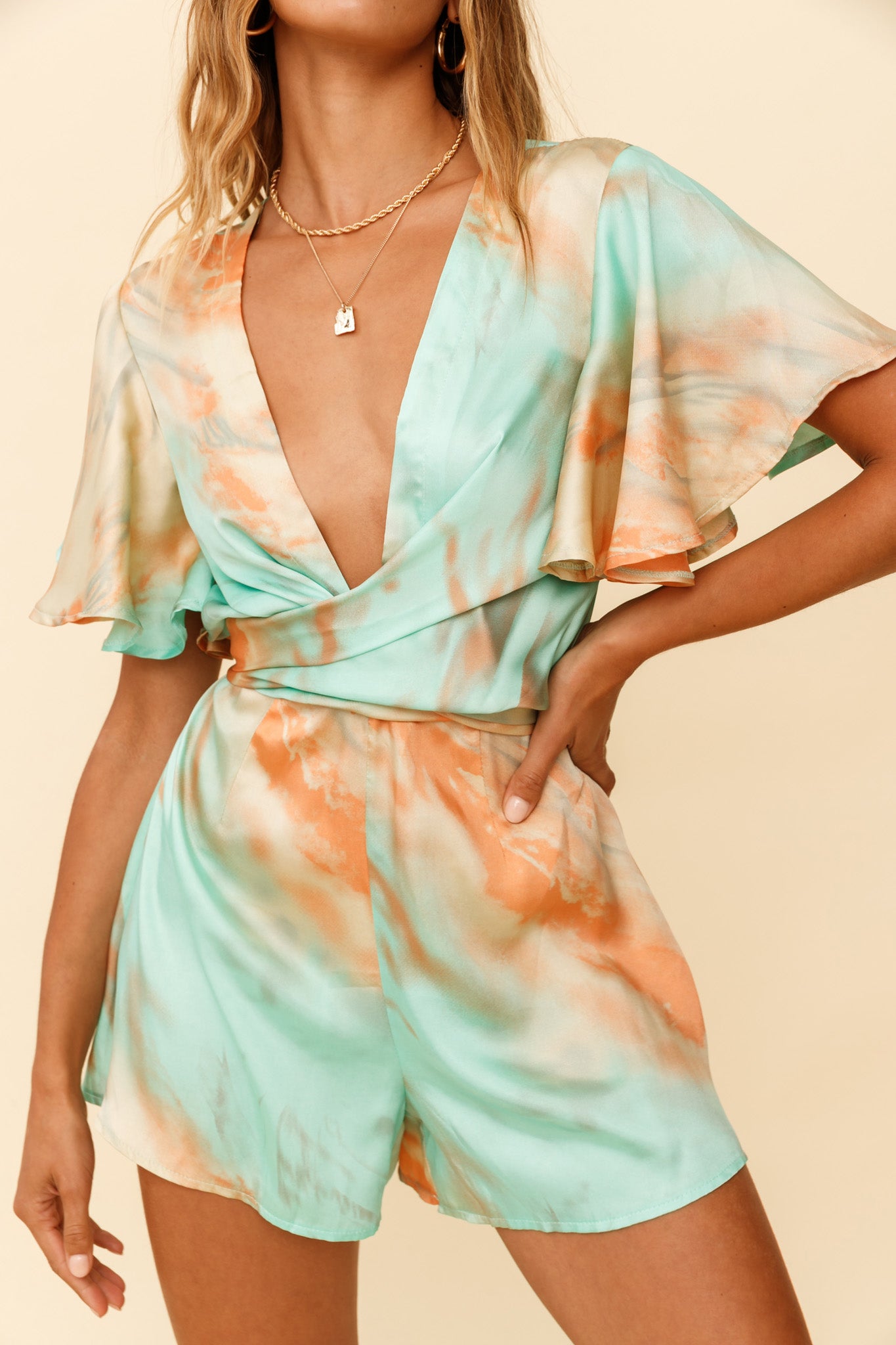 Unconditional Plunging Wrap Style Romper Marbled Tie Dye Aqua/Orange-Fable Dress