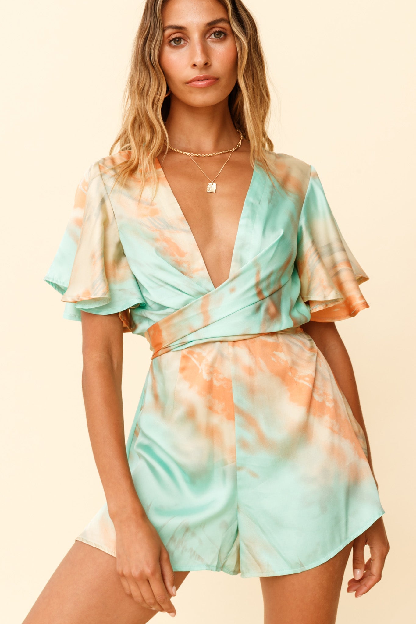 Unconditional Plunging Wrap Style Romper Marbled Tie Dye Aqua/Orange-Fable Dress
