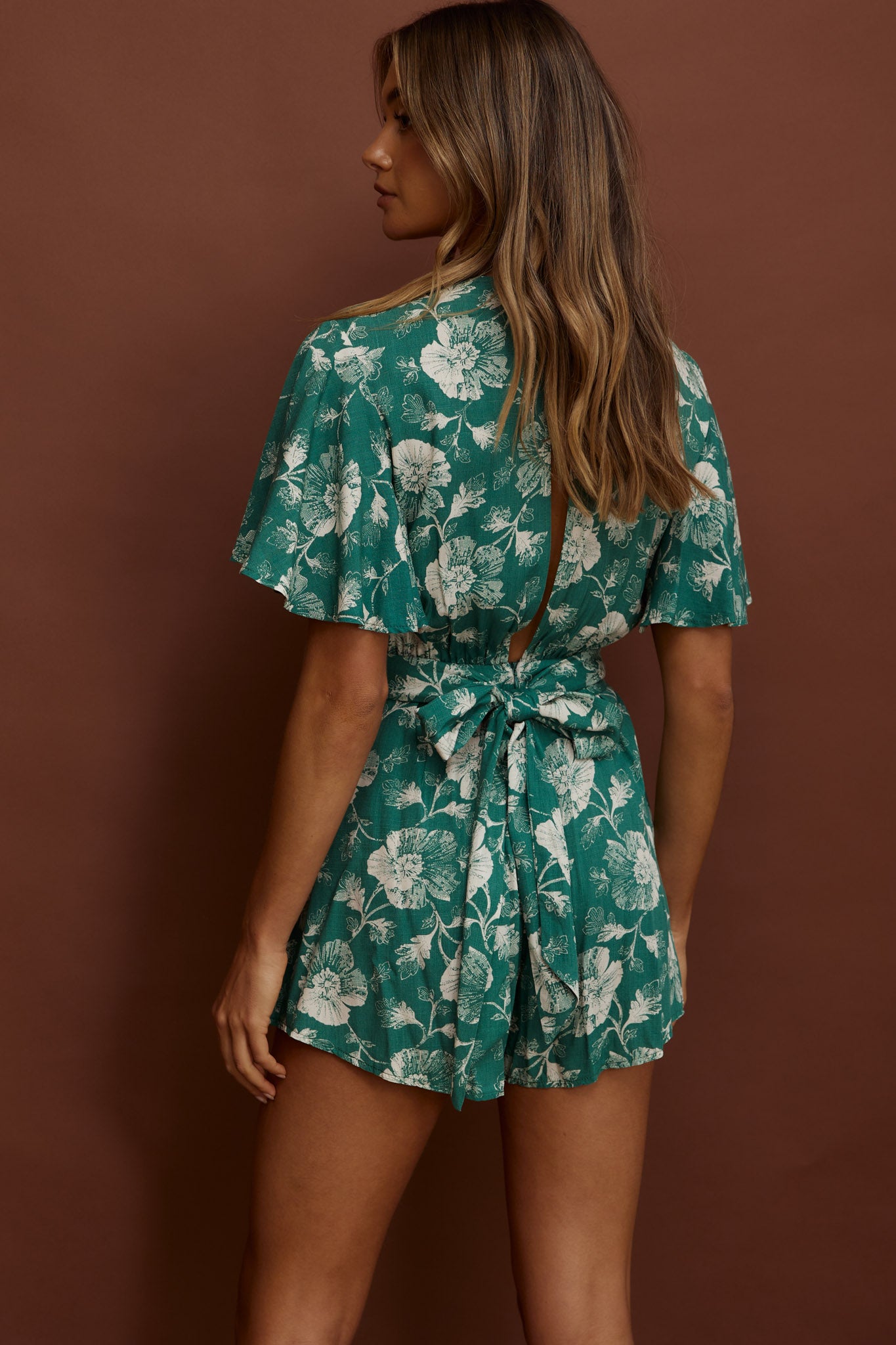 Unconditional Plunging Wrap Style Romper Floral Green-Fable Dress