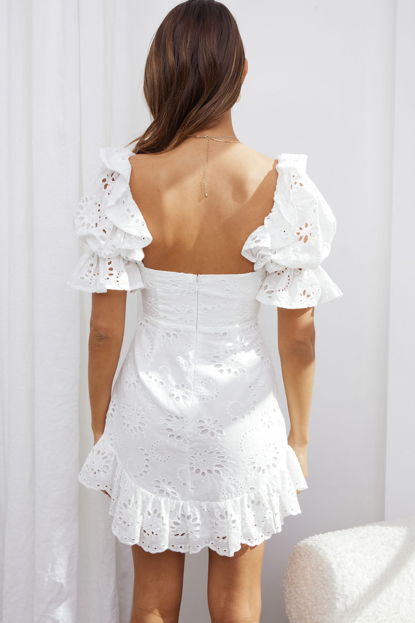 Meet Cute Twist Bust Puff Sleeve Eyelet Dress White-Fable Dress