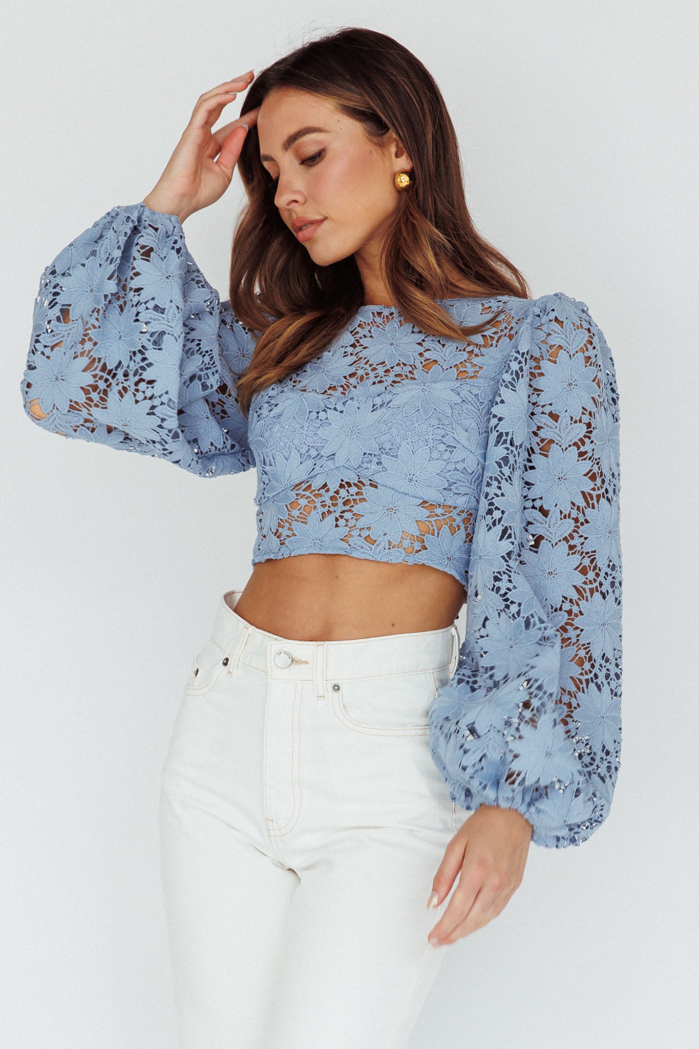 Arriana Balloon Sleeve Lace Crop Top Blue-Fable Dress