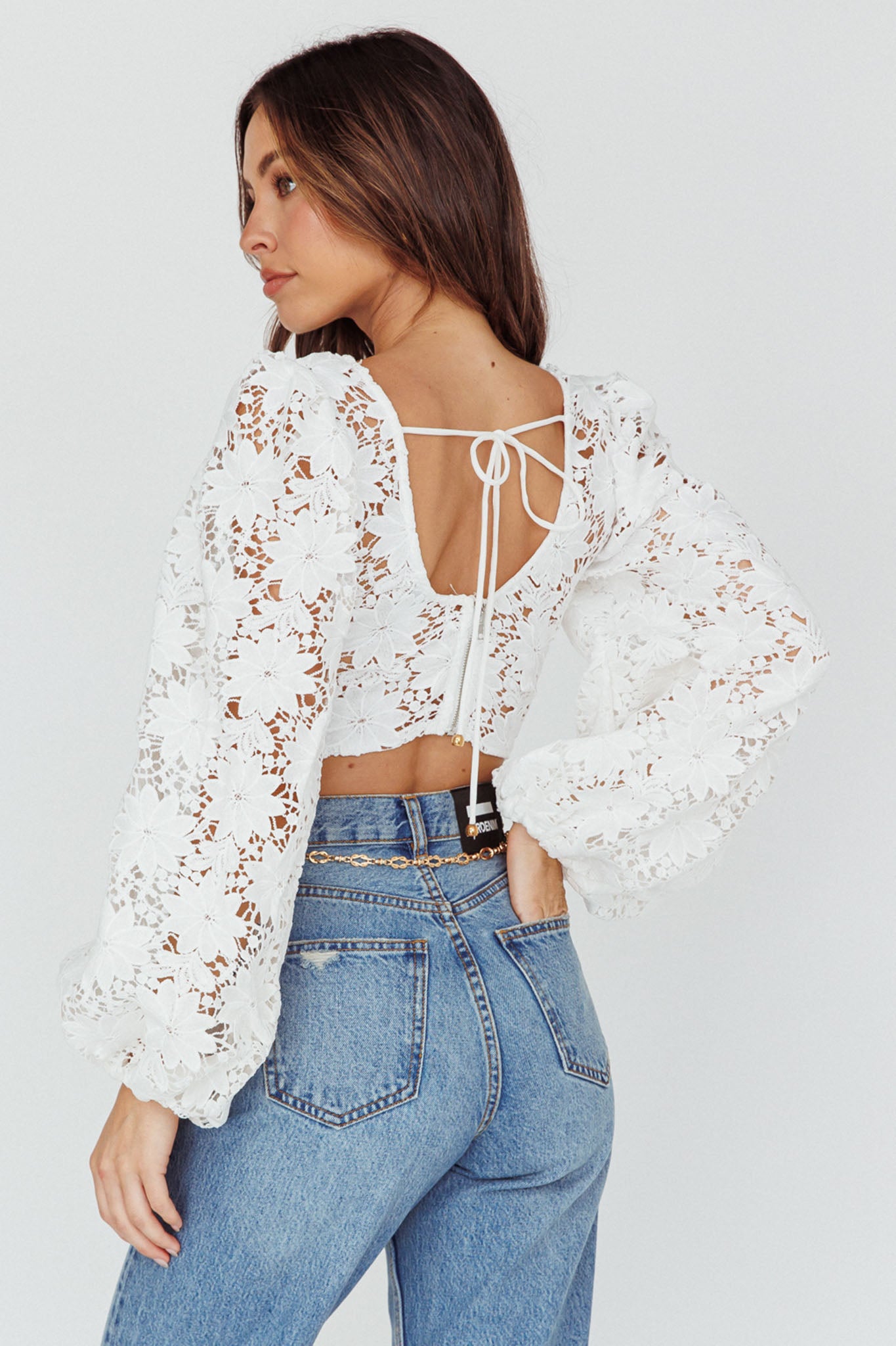Arriana Balloon Sleeve Lace Crop Top White-Fable Dress