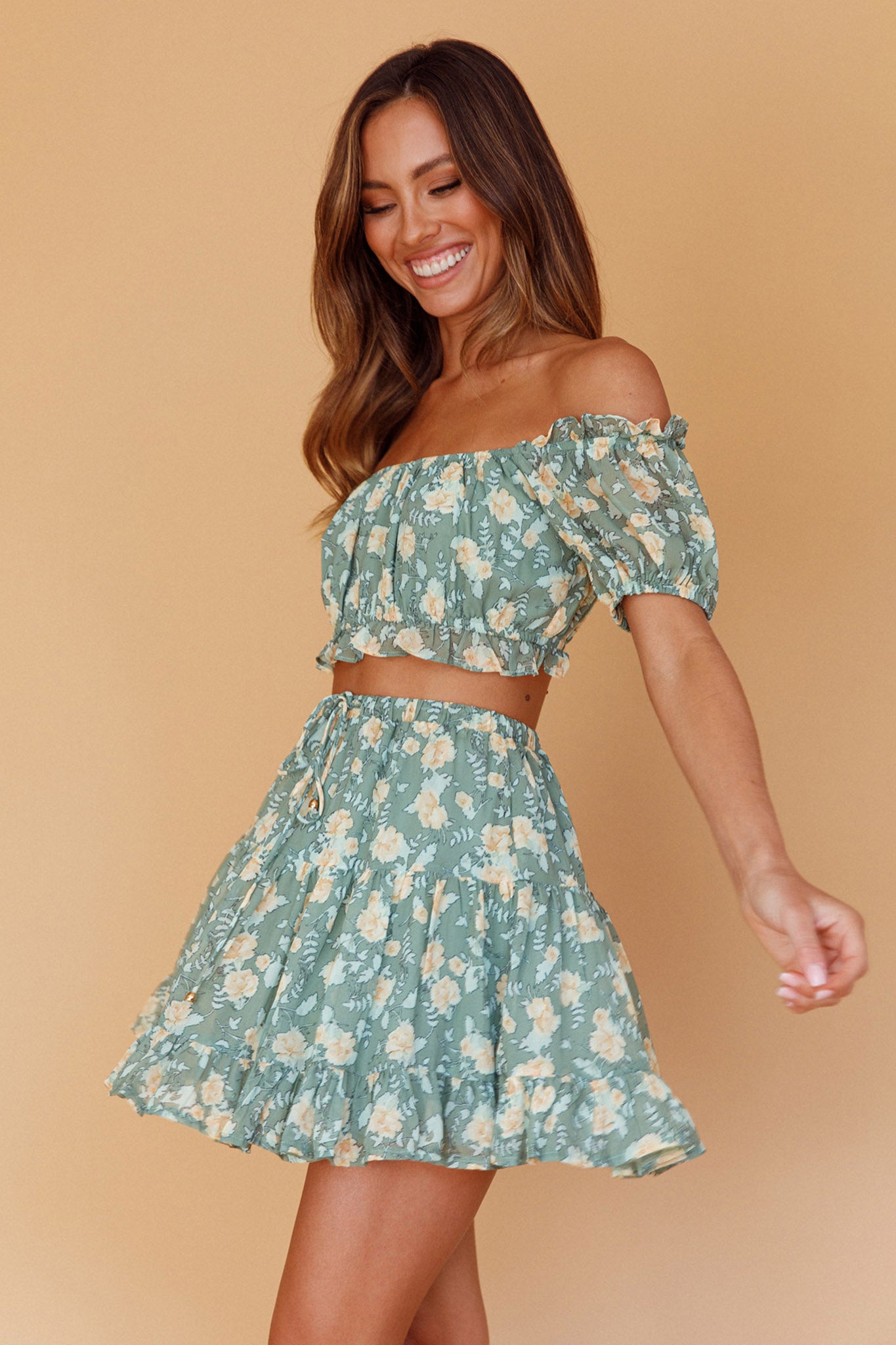 Archana Puff Sleeve Crop Top Floral Green-Fable Dress