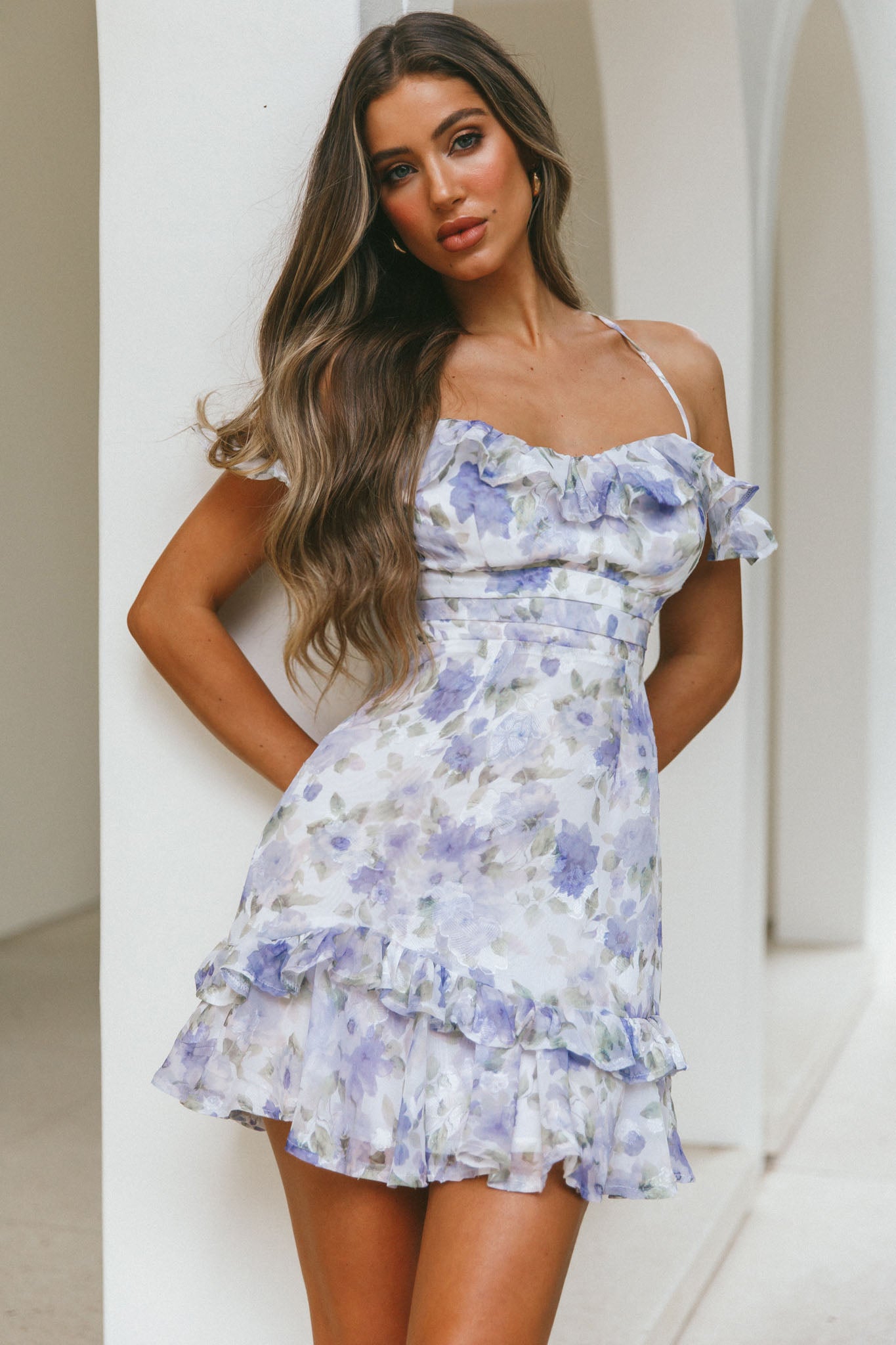 Matilda Frill Trim Off-Shoulder Mini Dress Floral Print Blue-Fable Dress