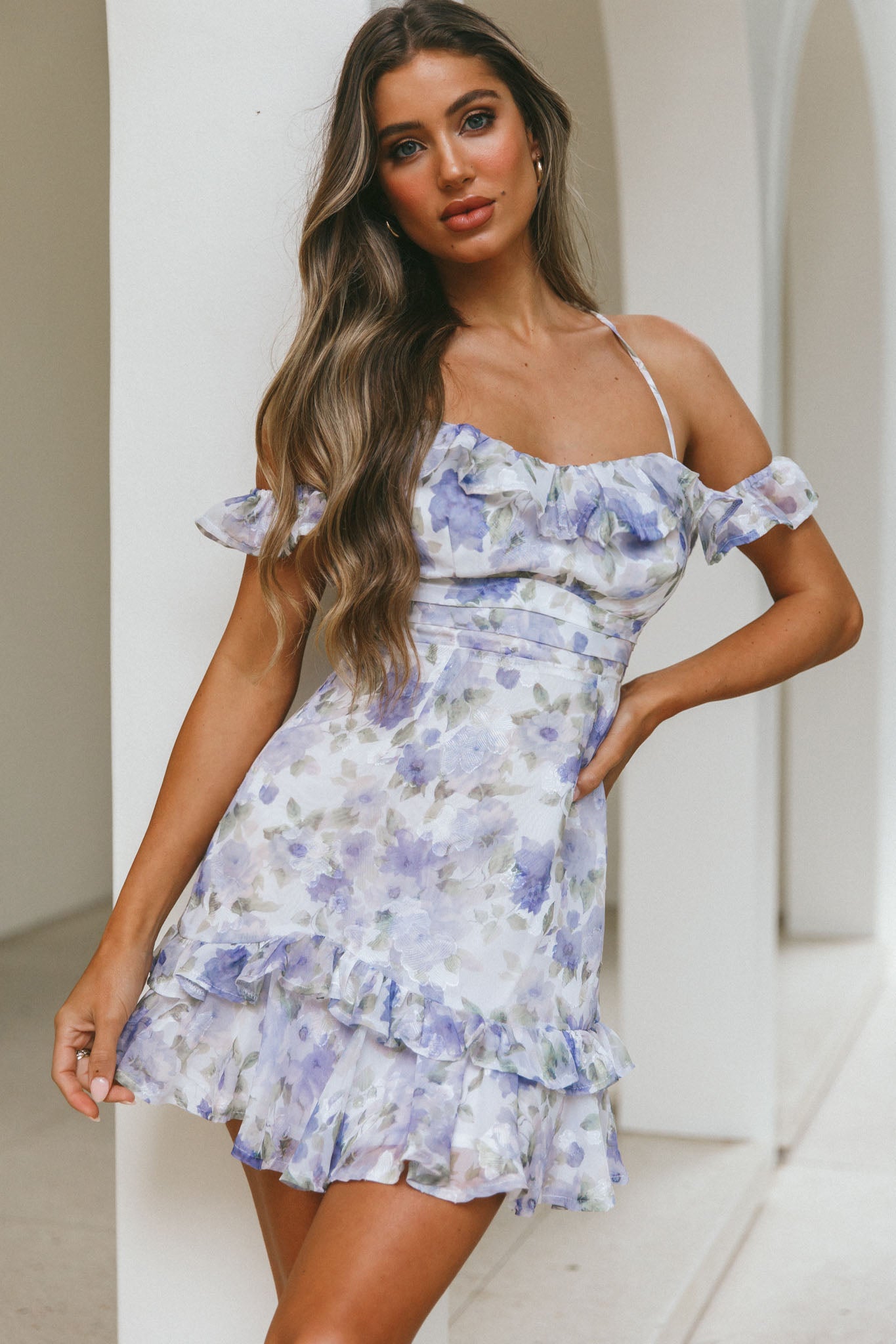 Matilda Frill Trim Off-Shoulder Mini Dress Floral Print Blue-Fable Dress