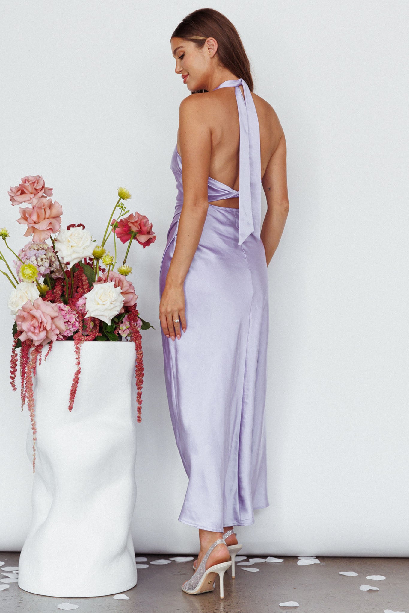 Sonoma Halterneck Faux Wrap Twist Back Maxi Dress Lavender-Fable Dress