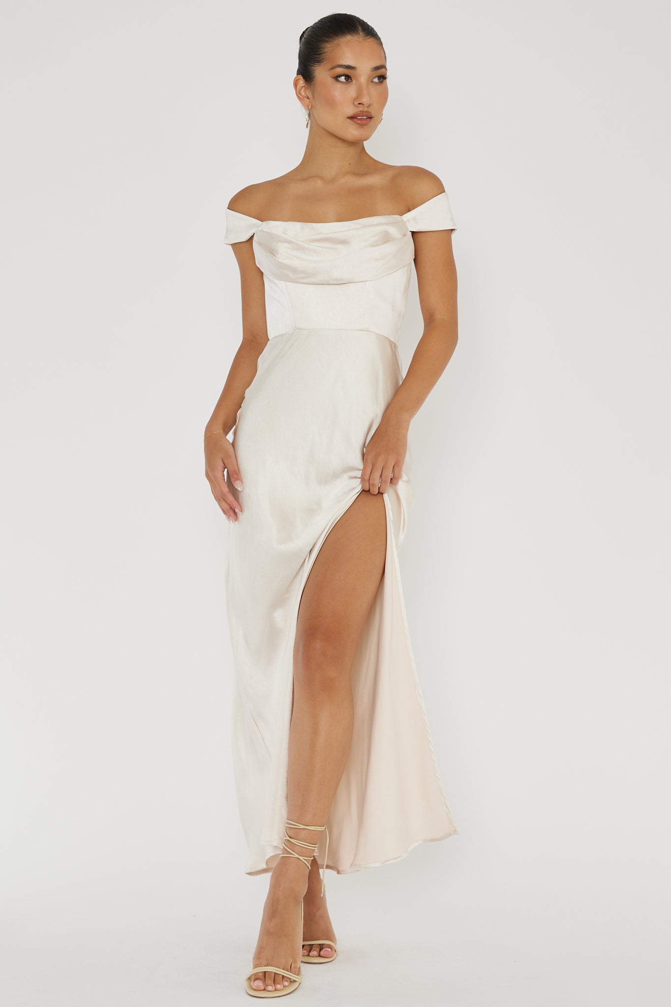 Lucinda Off-Shoulder V-Back Dress Champagne-Fable Dress