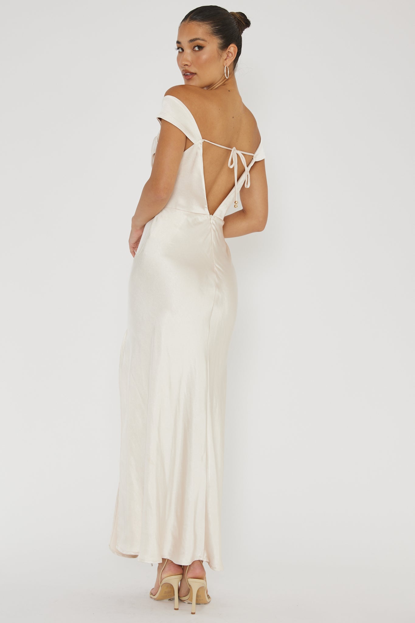 Lucinda Off-Shoulder V-Back Dress Champagne-Fable Dress