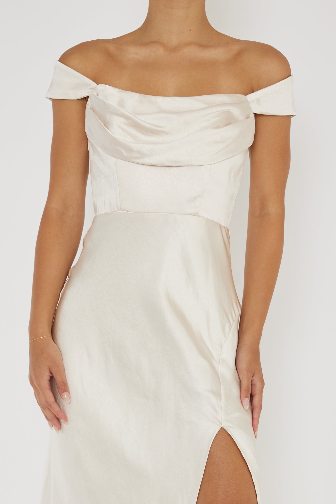 Lucinda Off-Shoulder V-Back Dress Champagne-Fable Dress