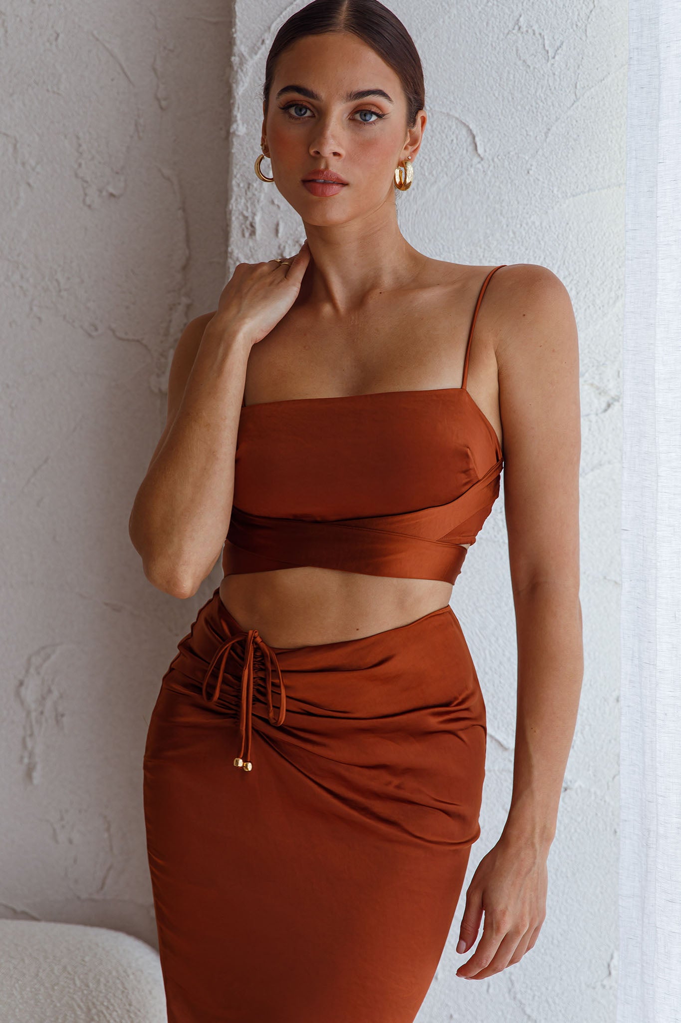 Desert Skies Square Neckline Tie Back Crop Top Chocolate-Fable Dress