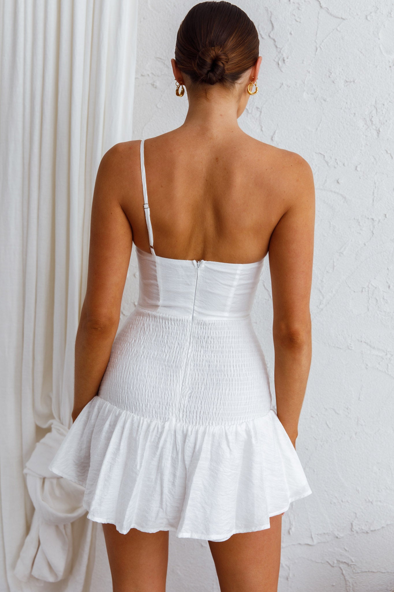 Bridie One Shoulder Shirred Mini Dress White-Fable Dress