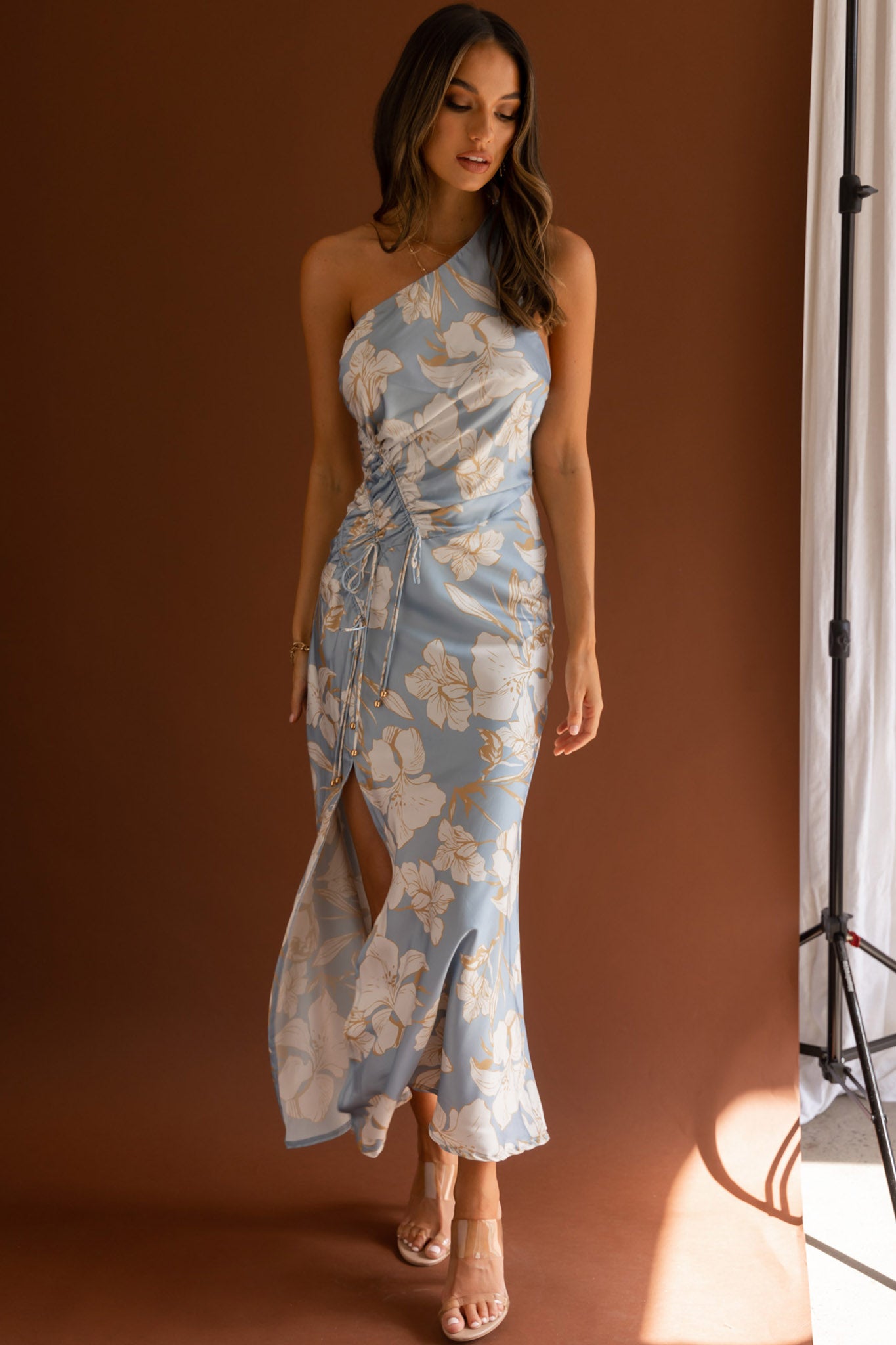 Casa Del Mar One-Shoulder Ruched Midi Dress Floral Blue-Fable Dress