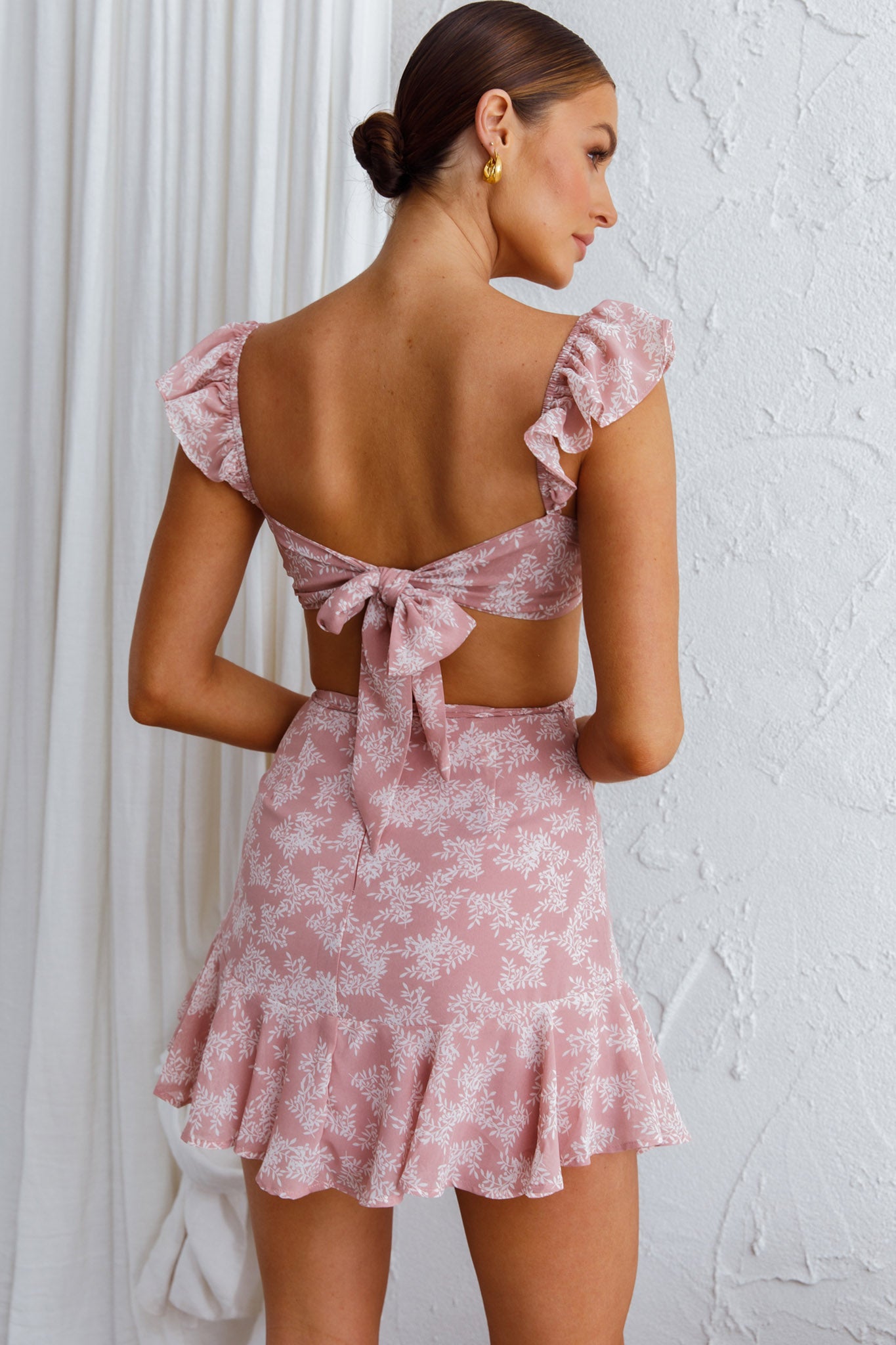 Barcelona Tied Back Mini Dress Floral Blush-Fable Dress