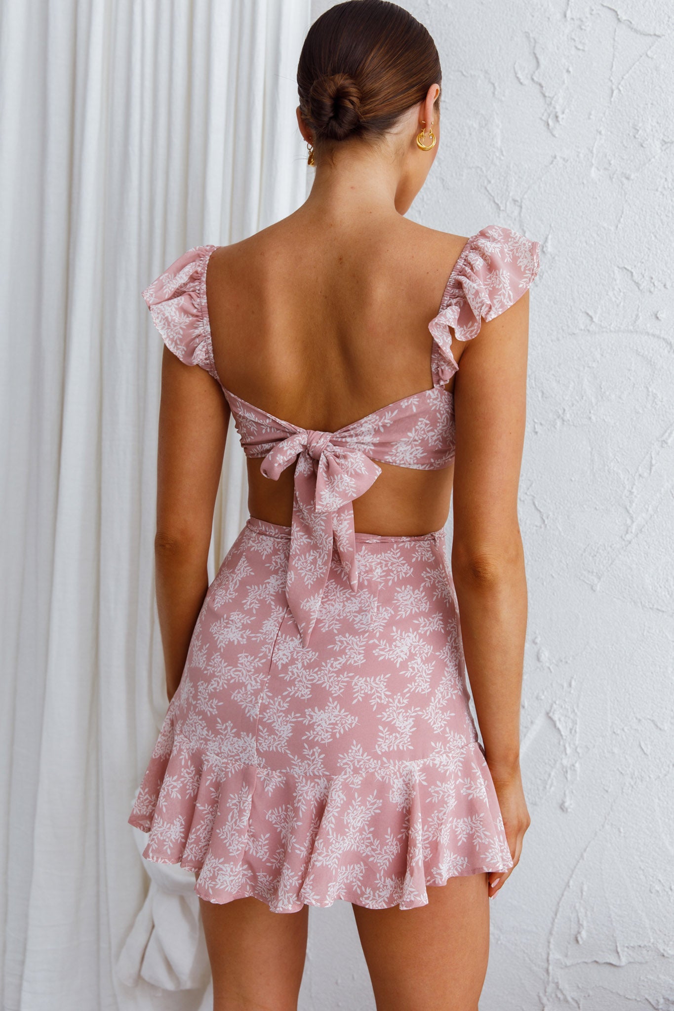 Barcelona Tied Back Mini Dress Floral Blush-Fable Dress