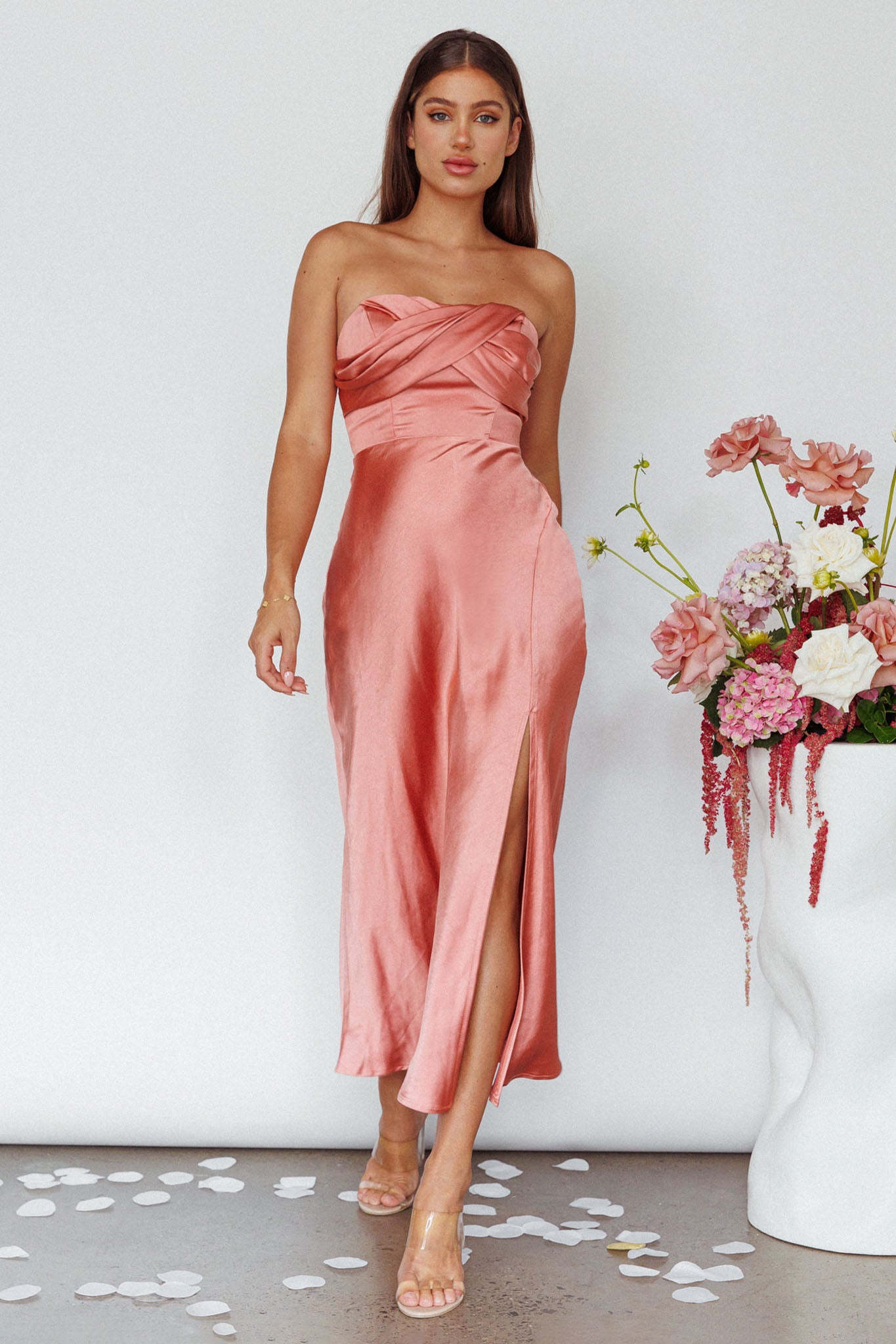 Yvette Wrap Neckline Midi Dress Desert Rose-Fable Dress