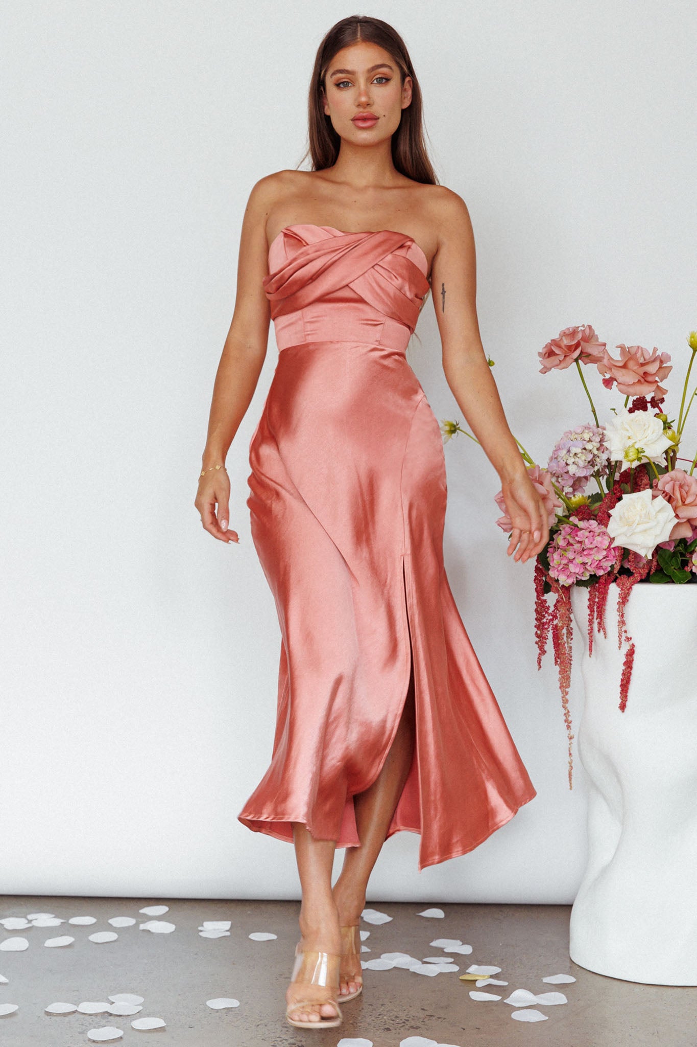 Yvette Wrap Neckline Midi Dress Desert Rose-Fable Dress