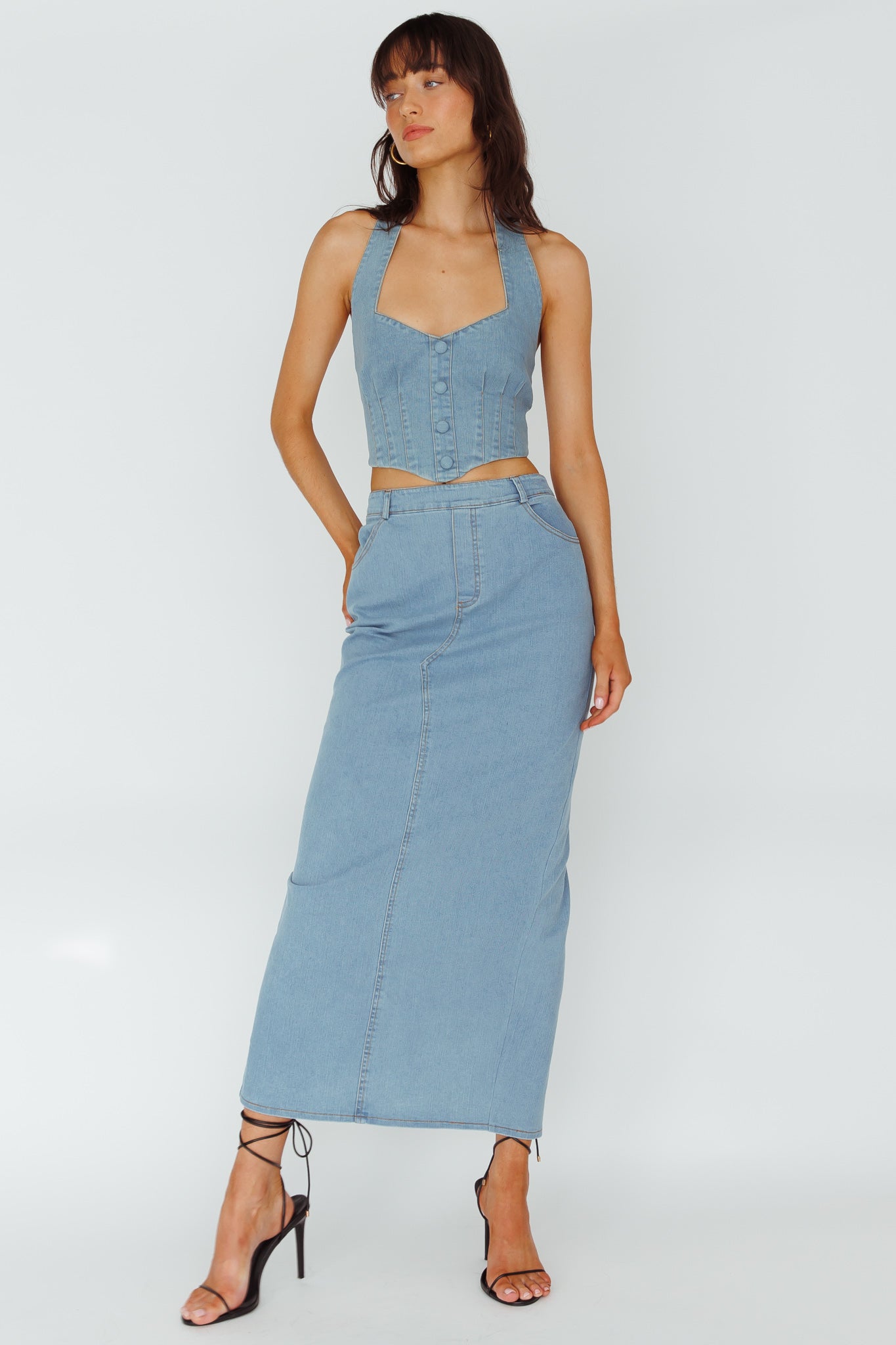 Zurich Pocket Maxi Skirt Denim Blue-Fable Dress