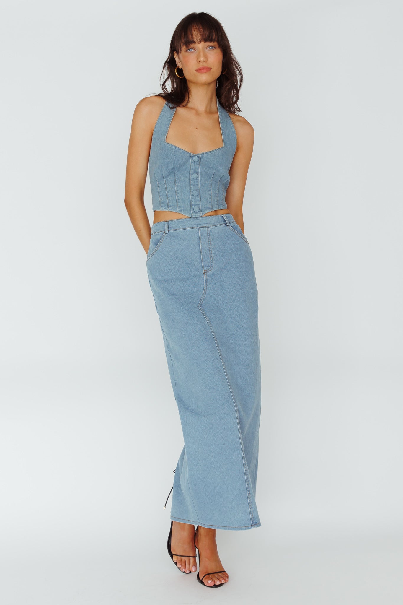 Zurich Pocket Maxi Skirt Denim Blue-Fable Dress