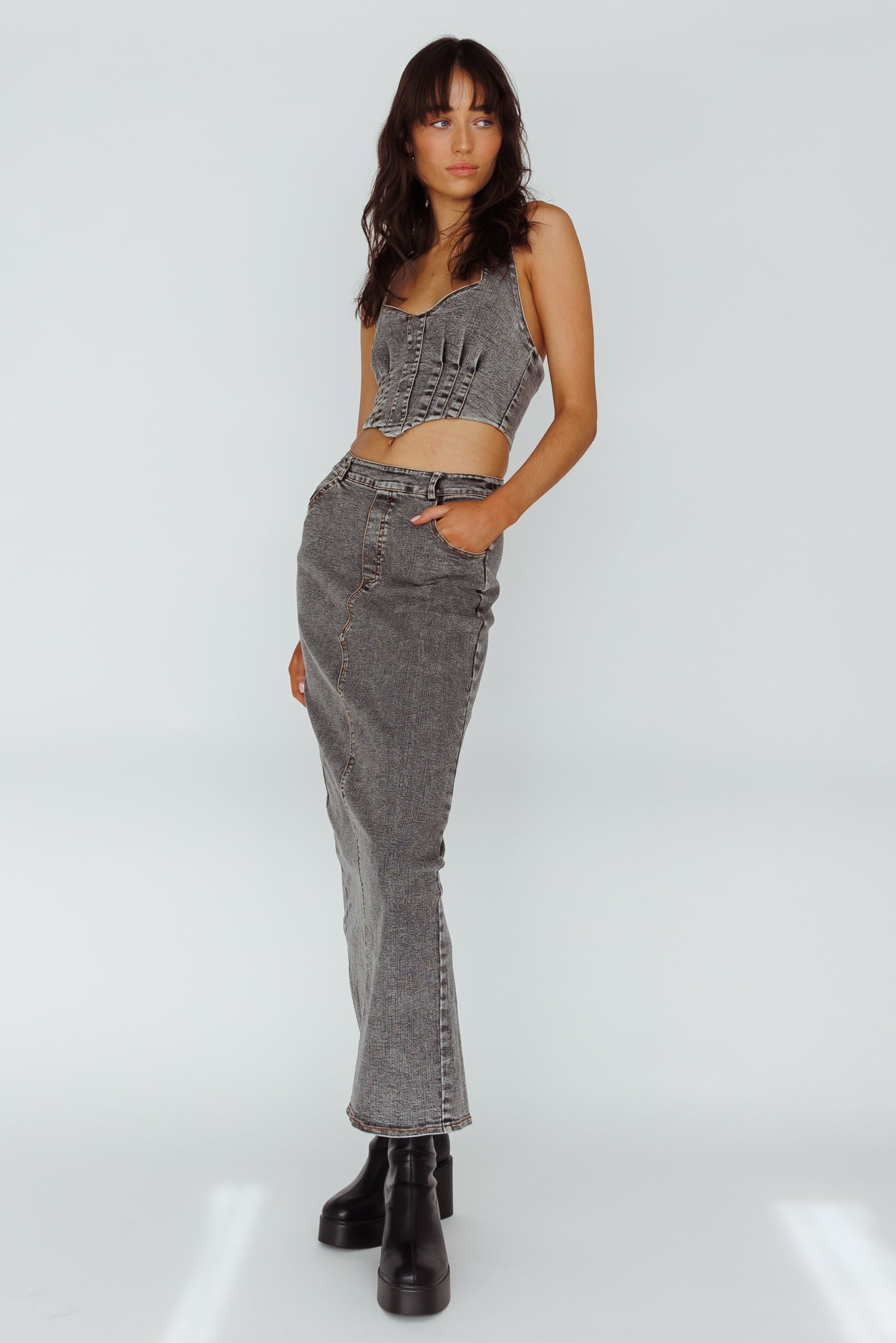 Zurich Pocket Maxi Skirt Denim Grey-Fable Dress