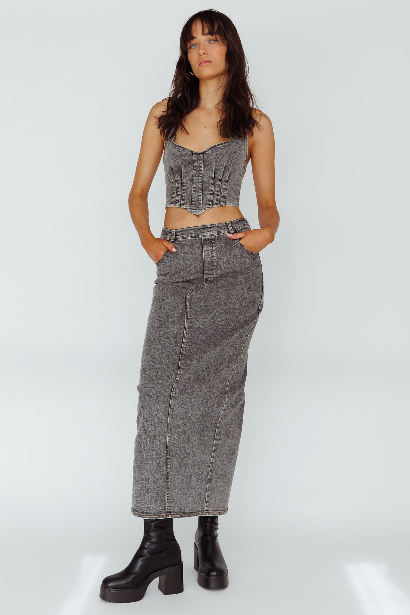 Zurich Pocket Maxi Skirt Denim Grey-Fable Dress
