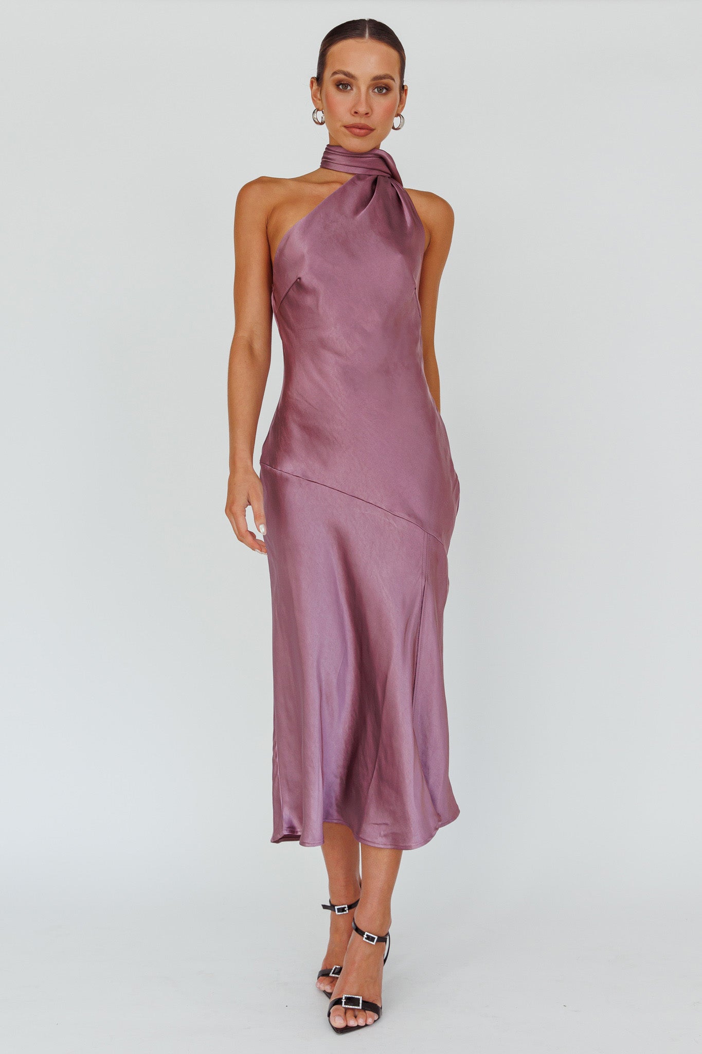 Italian Summer Tie Neck Midi Dress Grape-Fable Dress