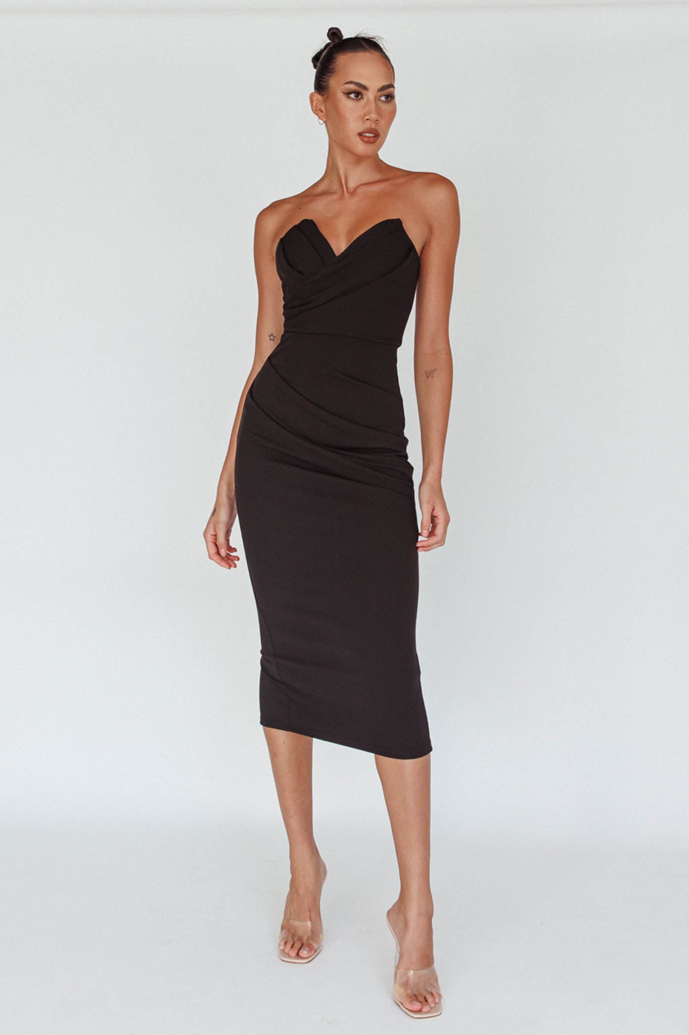 Yours Alone Gathered Detail Midi Dress Black-Fable Dress