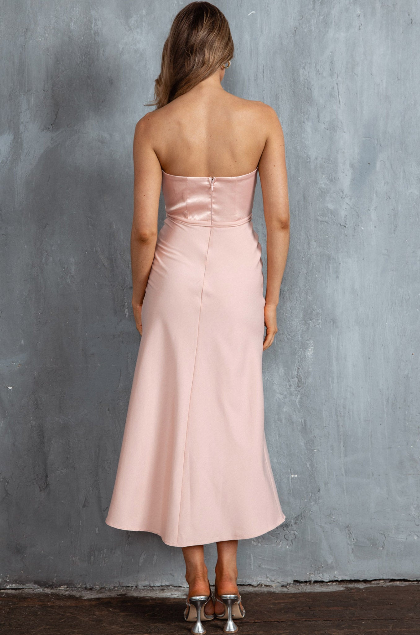 Brittini Satin Bust Strapless Midi Dress Blush-Fable Dress