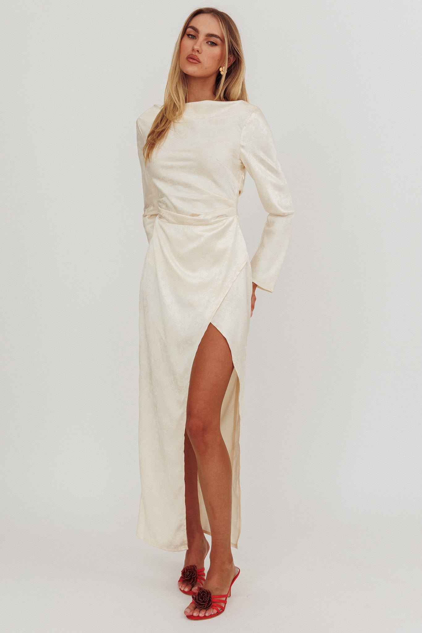 Loveland Long Sleeve Cowl Back Maxi Dress Beige-Fable Dress