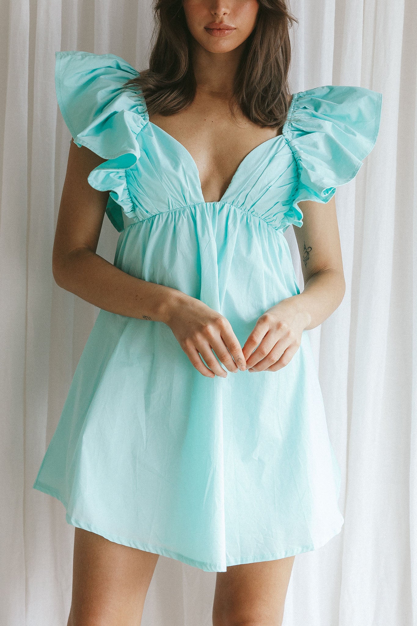 Marlina Ruffle Sleeve Babydoll Mini Dress Mint-Fable Dress