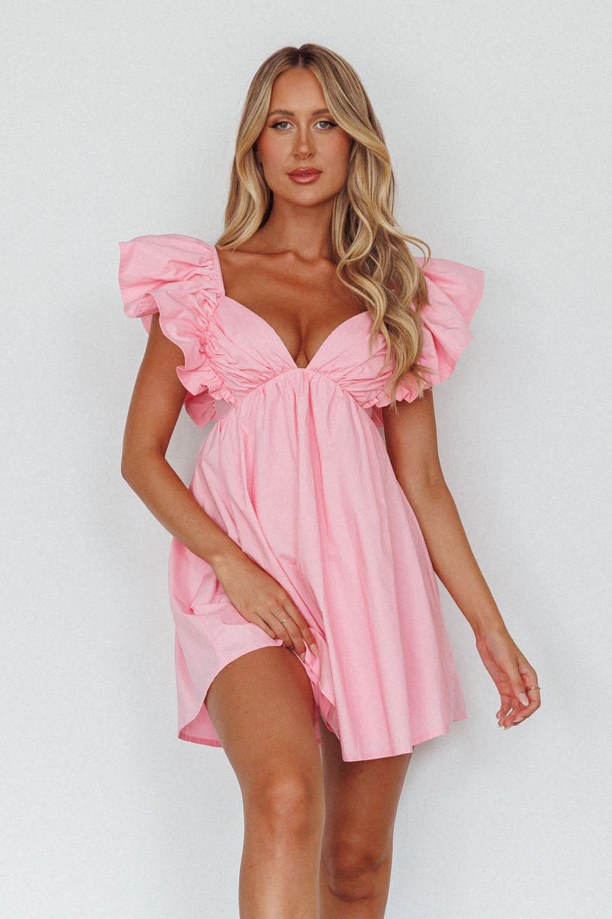 Marlina Ruffle Sleeve Babydoll Mini Dress Soft Pink-Fable Dress