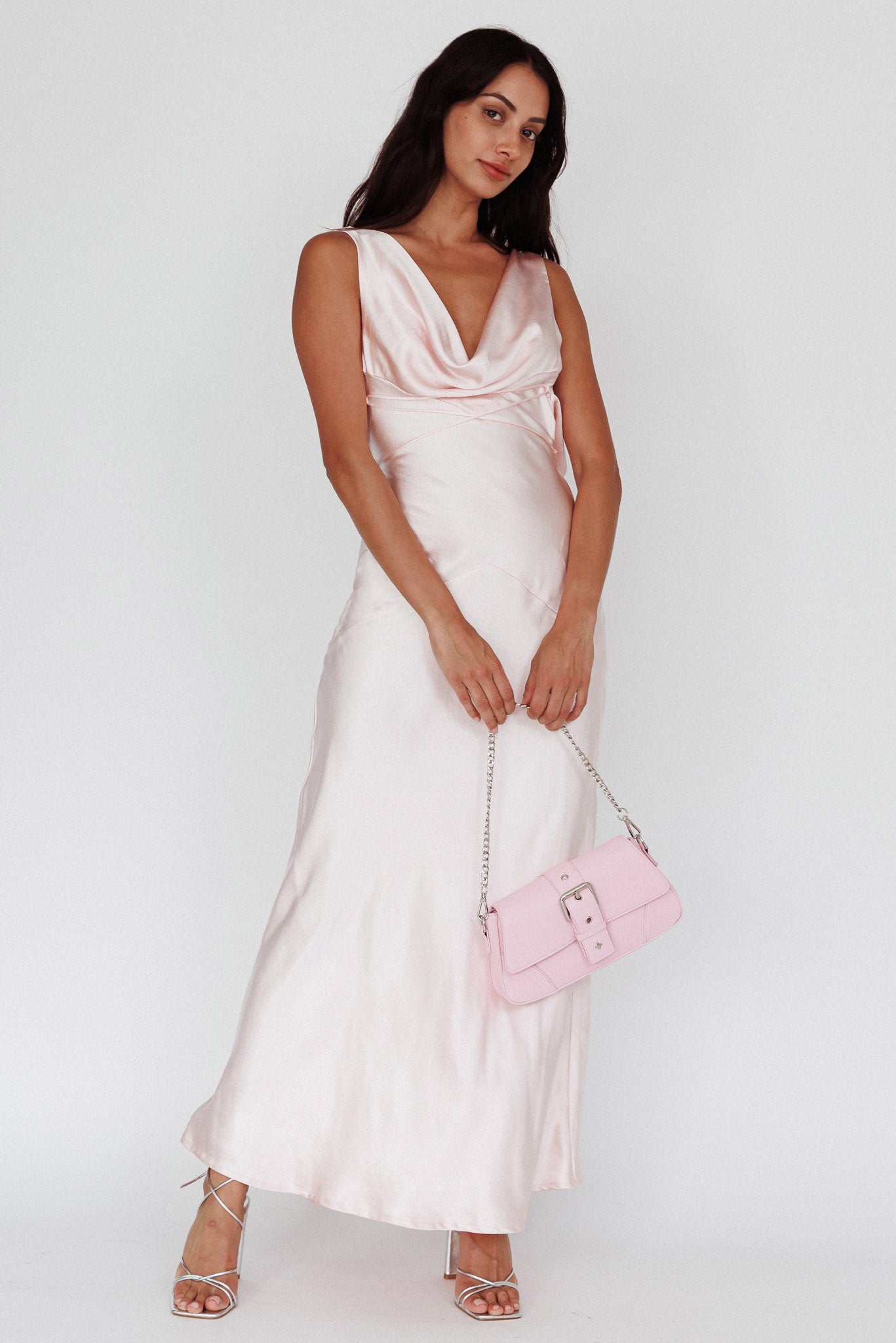 Cassiopeia Open Back String Tie Maxi Dress Powder Pink-Fable Dress