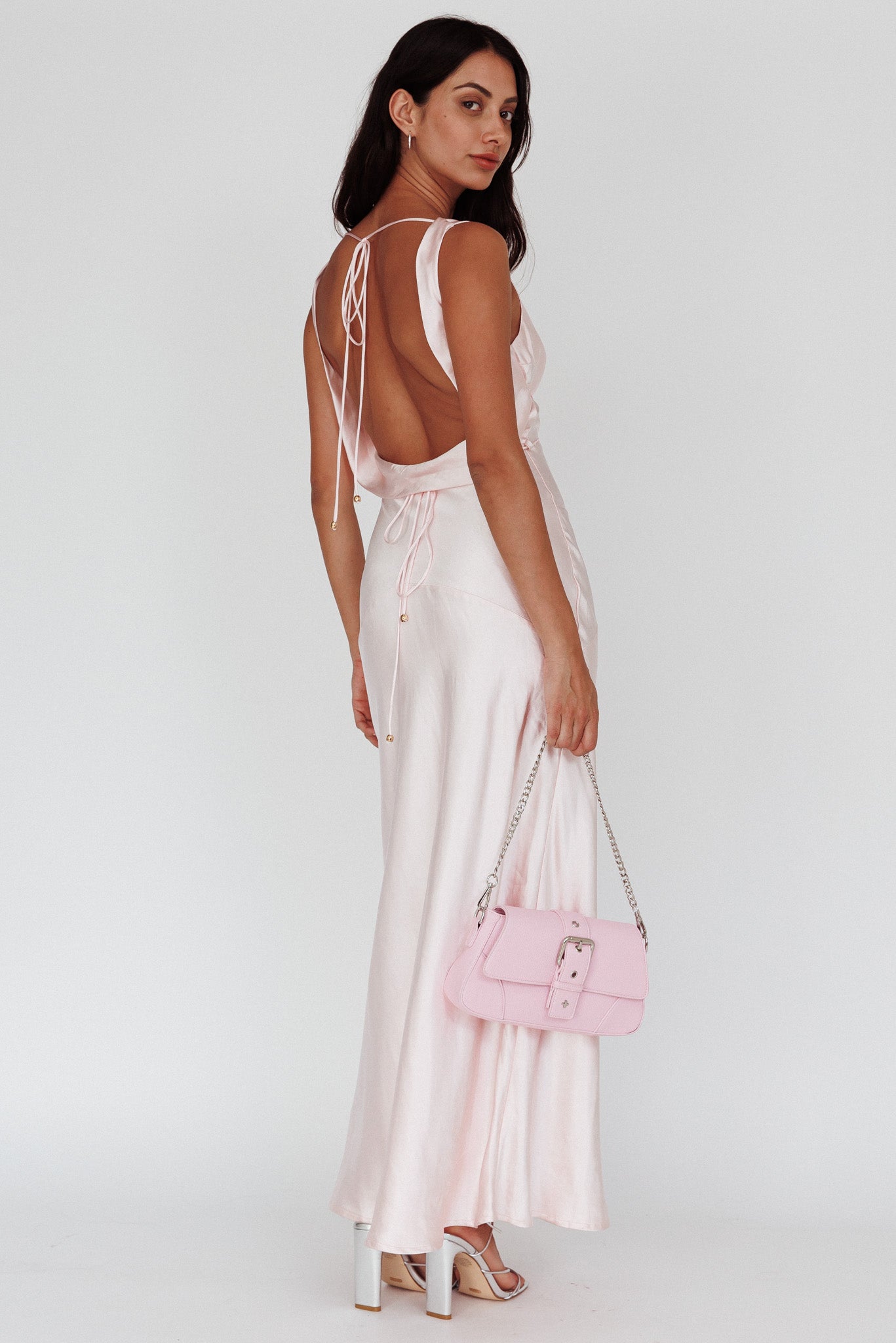 Cassiopeia Open Back String Tie Maxi Dress Powder Pink-Fable Dress