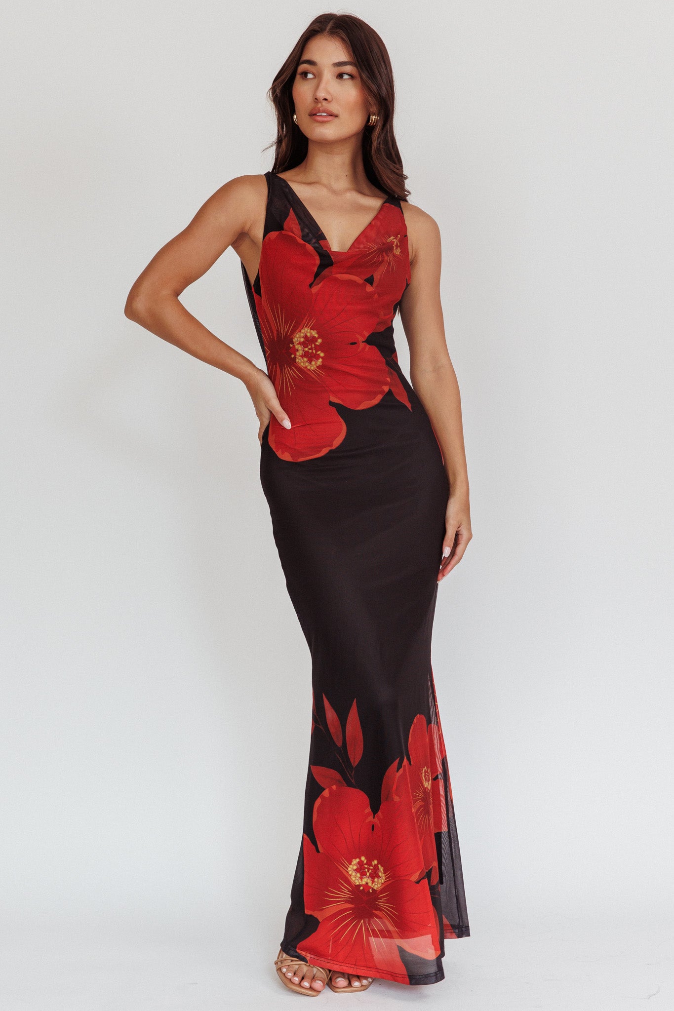 Cassiopeia Open Back Maxi Dress Hibiscus Black-Fable Dress
