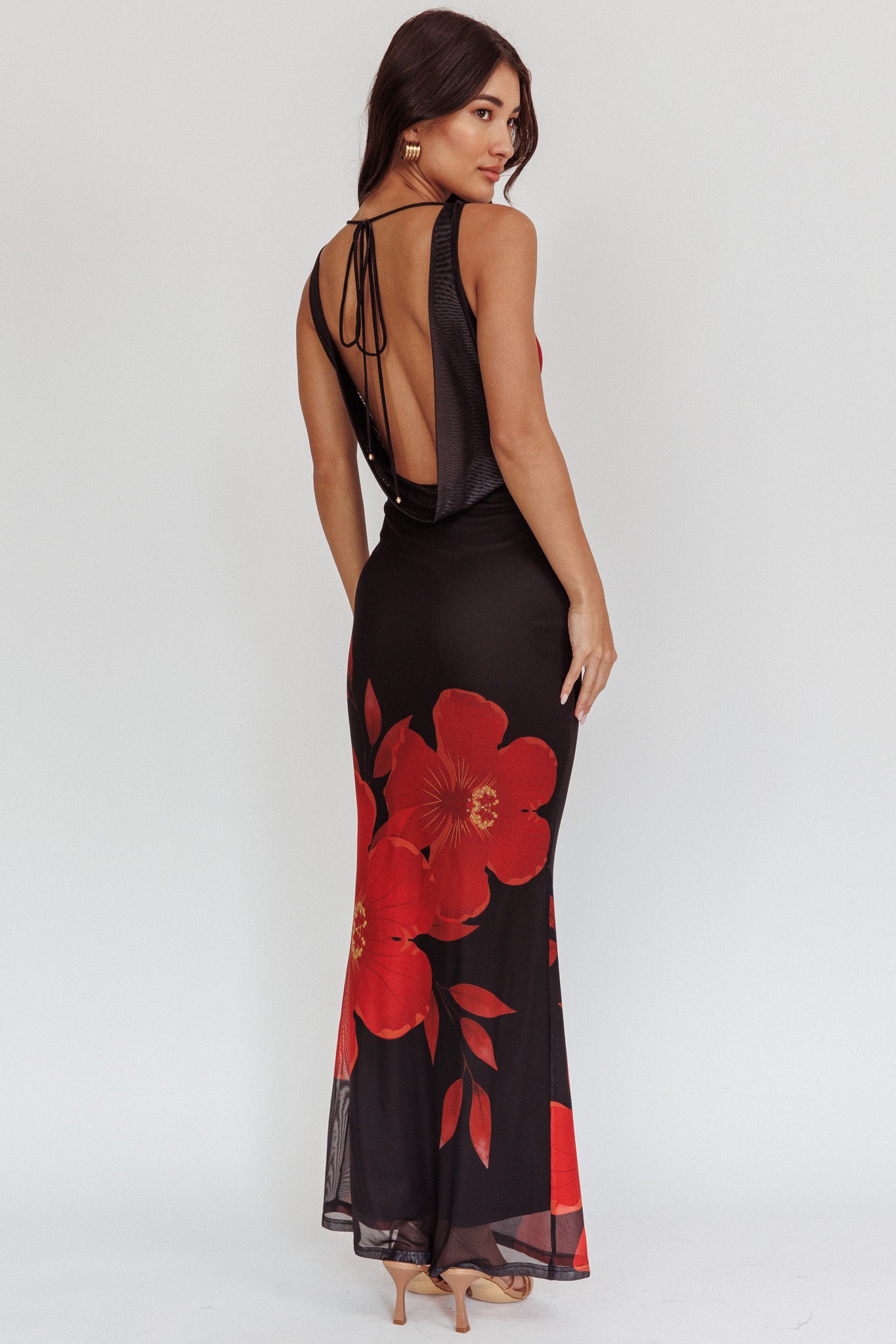 Cassiopeia Open Back Maxi Dress Hibiscus Black-Fable Dress