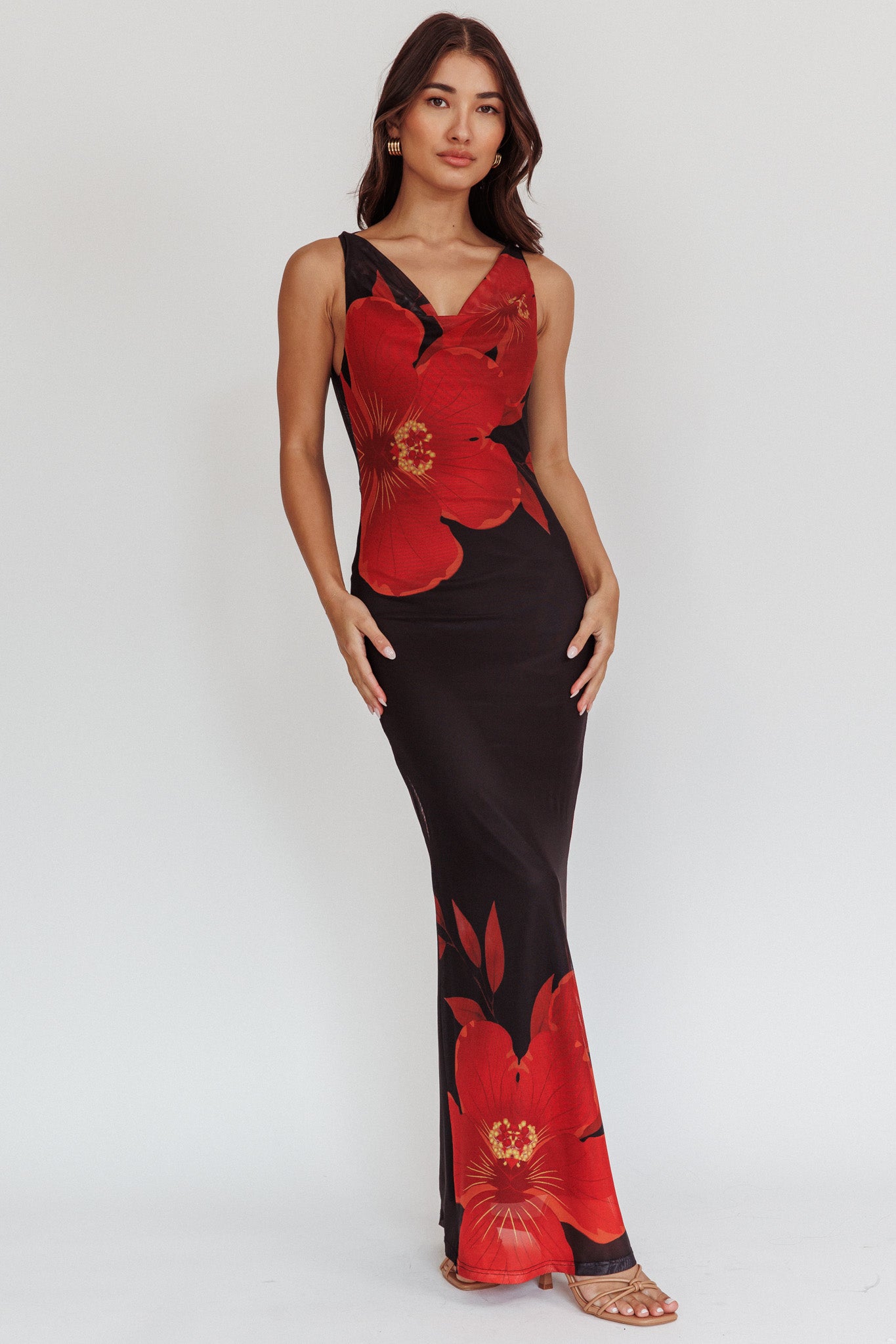 Cassiopeia Open Back Maxi Dress Hibiscus Black-Fable Dress