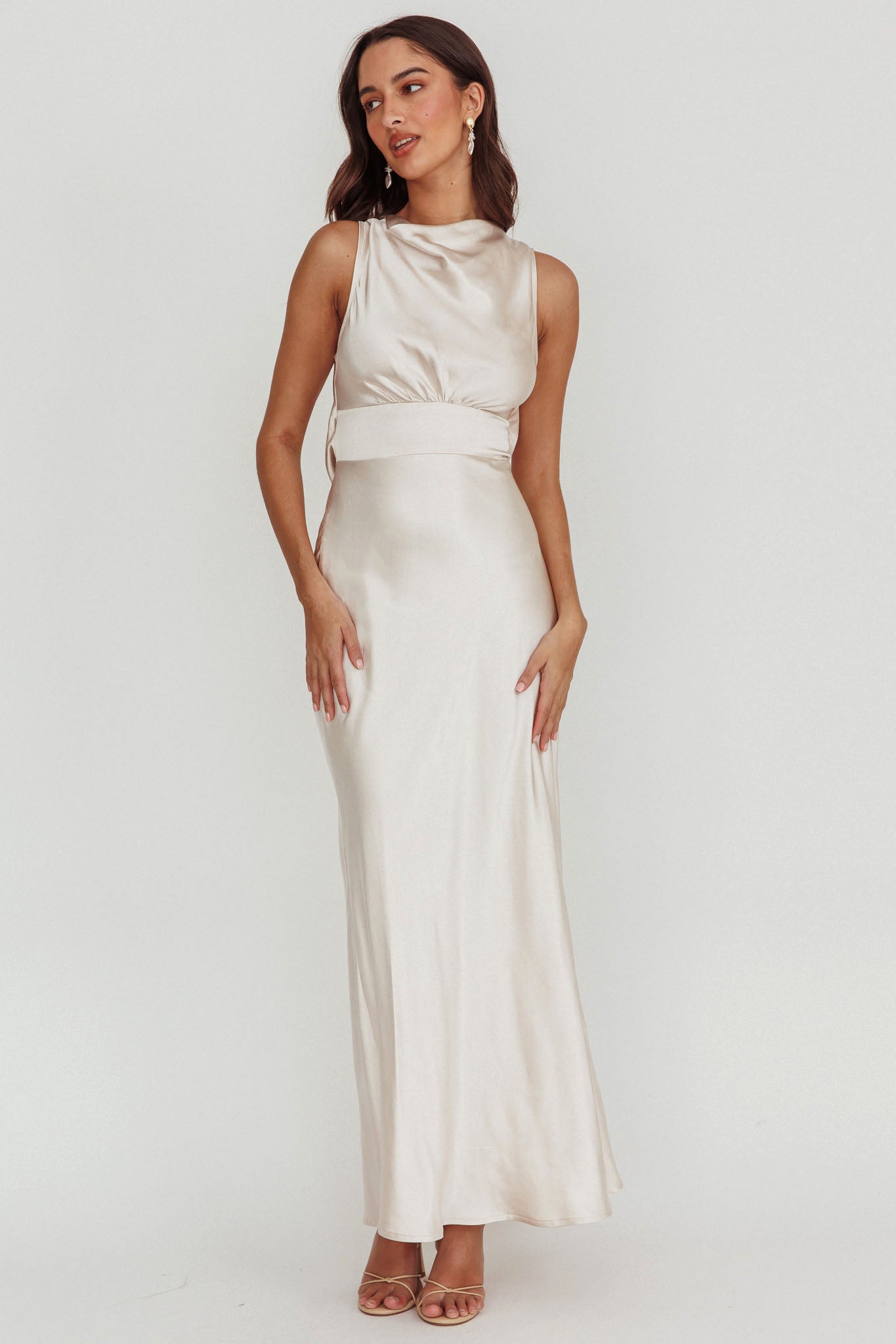 Isabella Satin Maxi Dress Champagne-Fable Dress